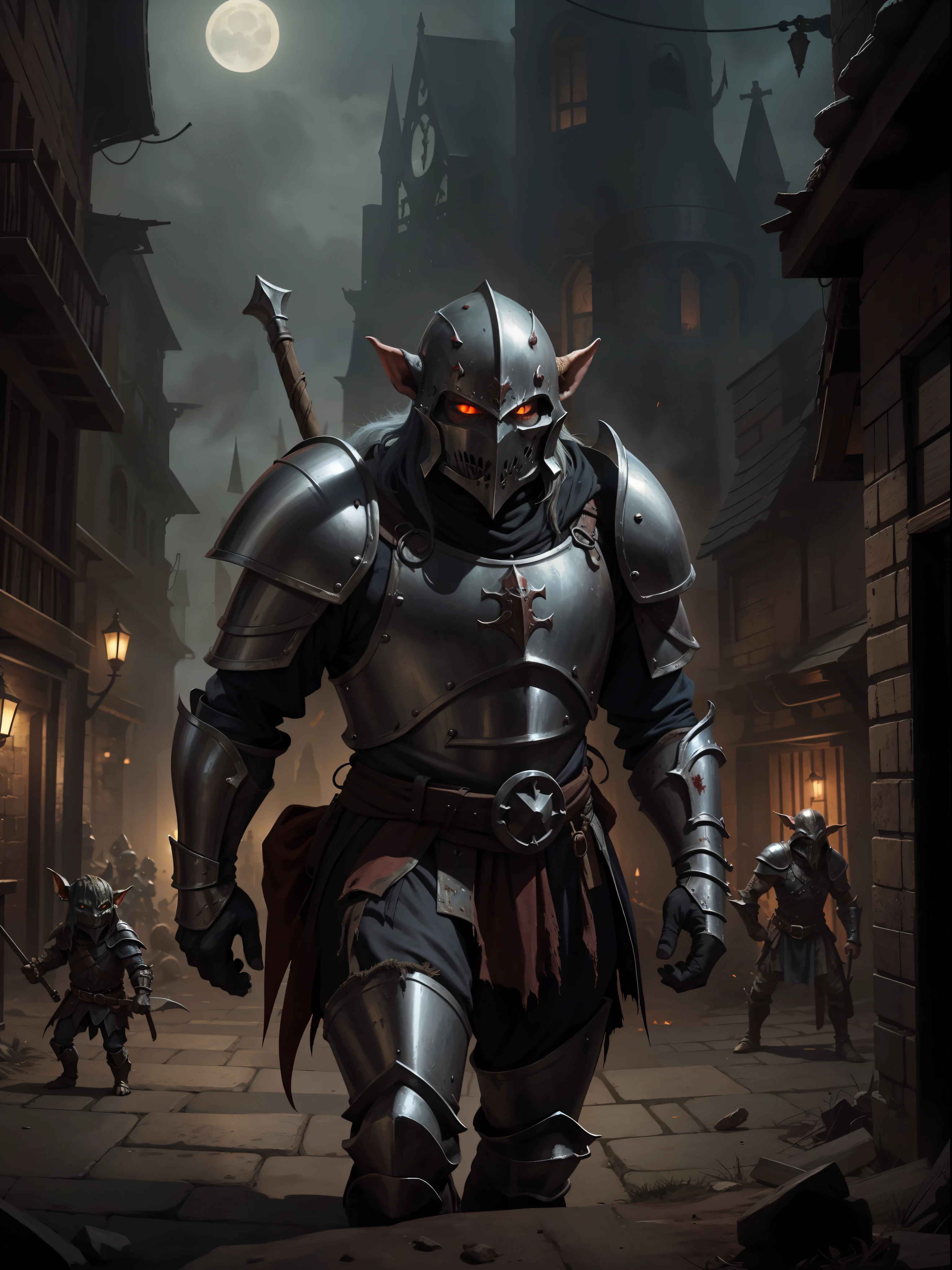 Several medieval goblins, with deformed bodies and dirty metal armor, in a medieval city, night, dark environment, darkness, fog, dirty with blood