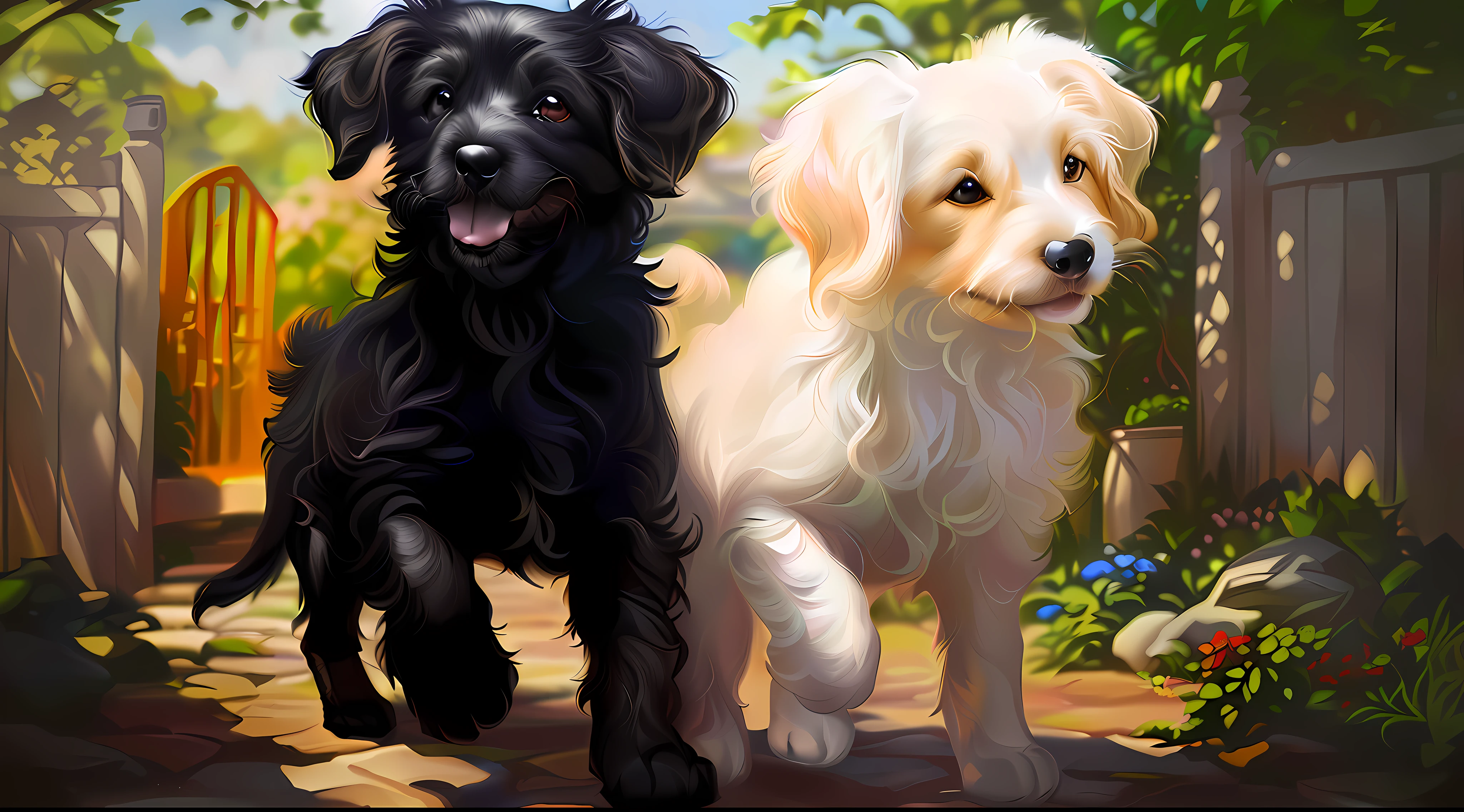 painting of two dogs standing next to each other in a garden, adorable digital painting, high quality portrait, digitally painted, digital painting highly detailed, two dogs, puppies, beautiful painting of friends, high quality digital painting, high quality wallpaper, ultra realistic picture, highly realistic, photorealistic picture, very very realistic, realistic picture, photo realistic style, painting of cute dog