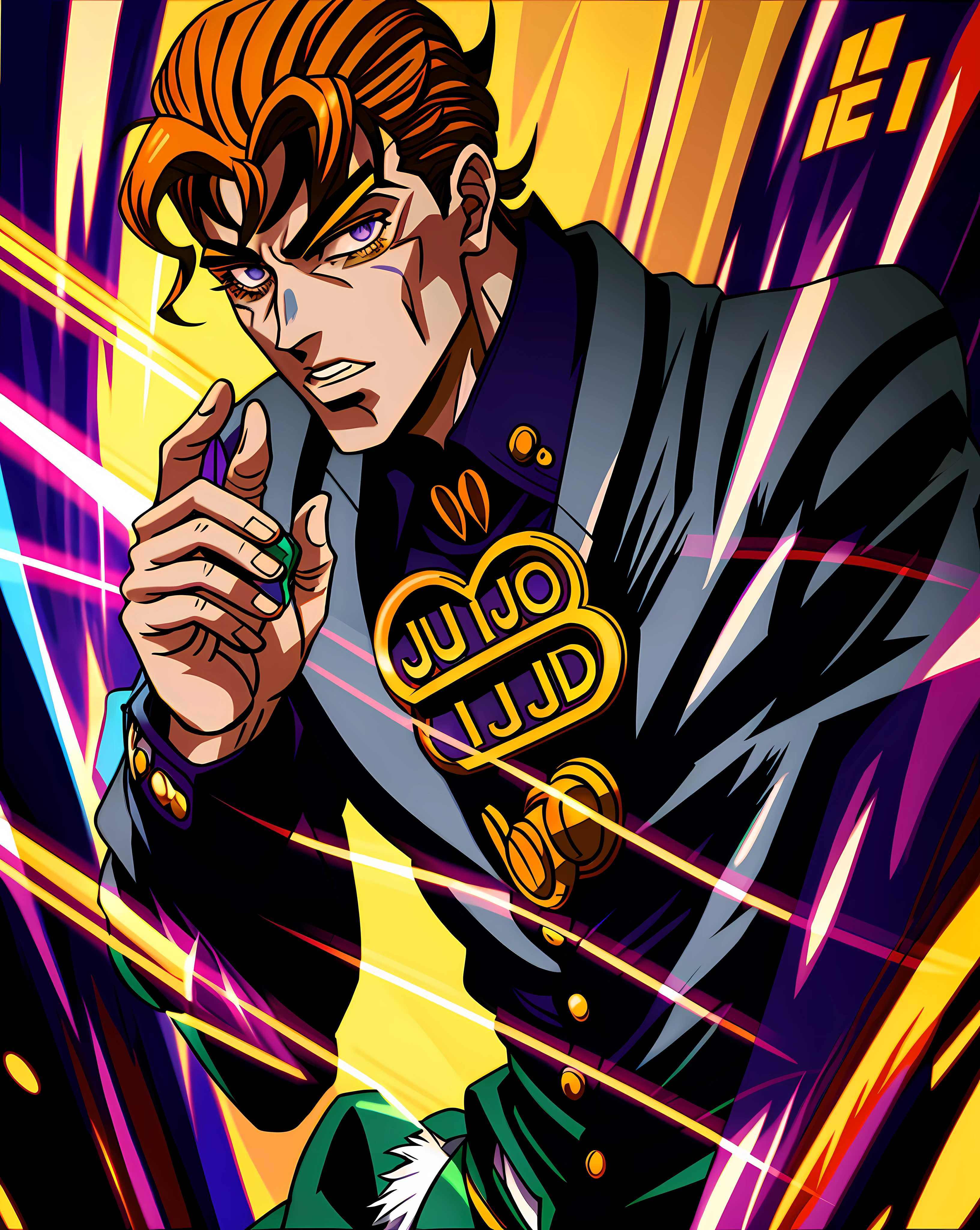 A closeup of a cartoon character with light purple eyes holding a cell phone, in Jojo\'s Bizarre Adventure, Jojo bizarre Adventure, Joseph Joestar, Jojo's bizarre adventure, Jojo Anime Style, Dio Brando, Jojo\'s bizarre adventure, JoJo's bizarre adventures, Jojos bizarre adventure, JJBA, Jojo's Bizzare Adventure, Kentaro Miura manga art style