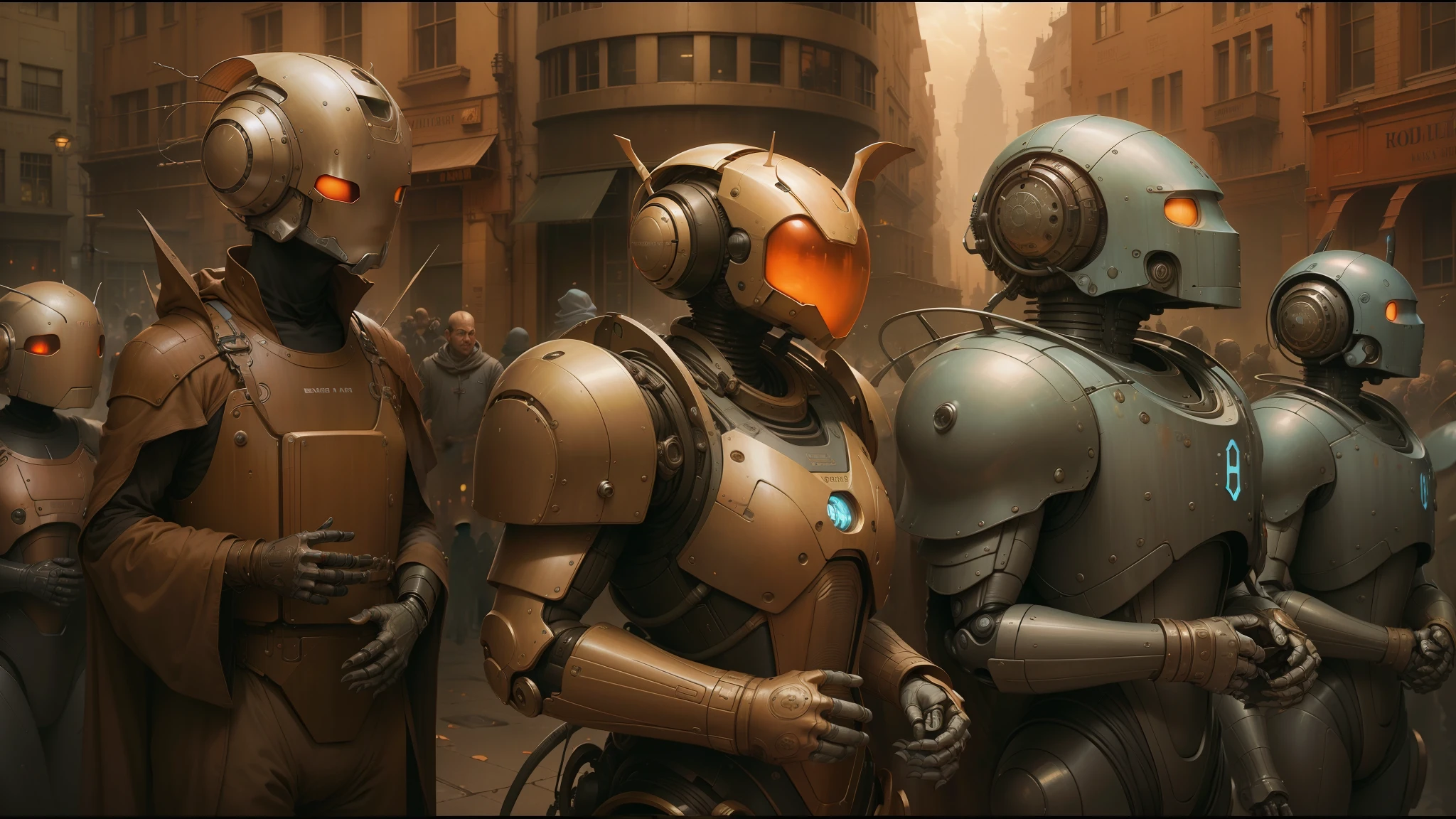 there are many robots standing in a row in a city, peter gric and dan mumford, beksiński and james jean, michael whelan and pixar, justin gerard and greg rutkowski, style of daniel merriam, andreas rocha and john howe, weta studio and james jean, larry macdougall --auto --s2