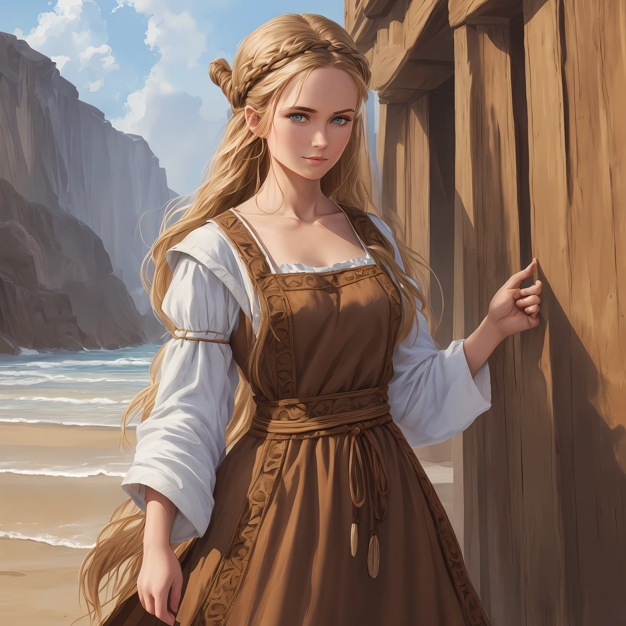 Arafed woman standing on the beach in a brown apron, long dress with apron, viking costume, female viking, medieval costume, peasant dress, beautiful nordic woman, a complete portrait of the nordic woman, medieval clothes, wearing viking clothes, artgerm style --auto --s2