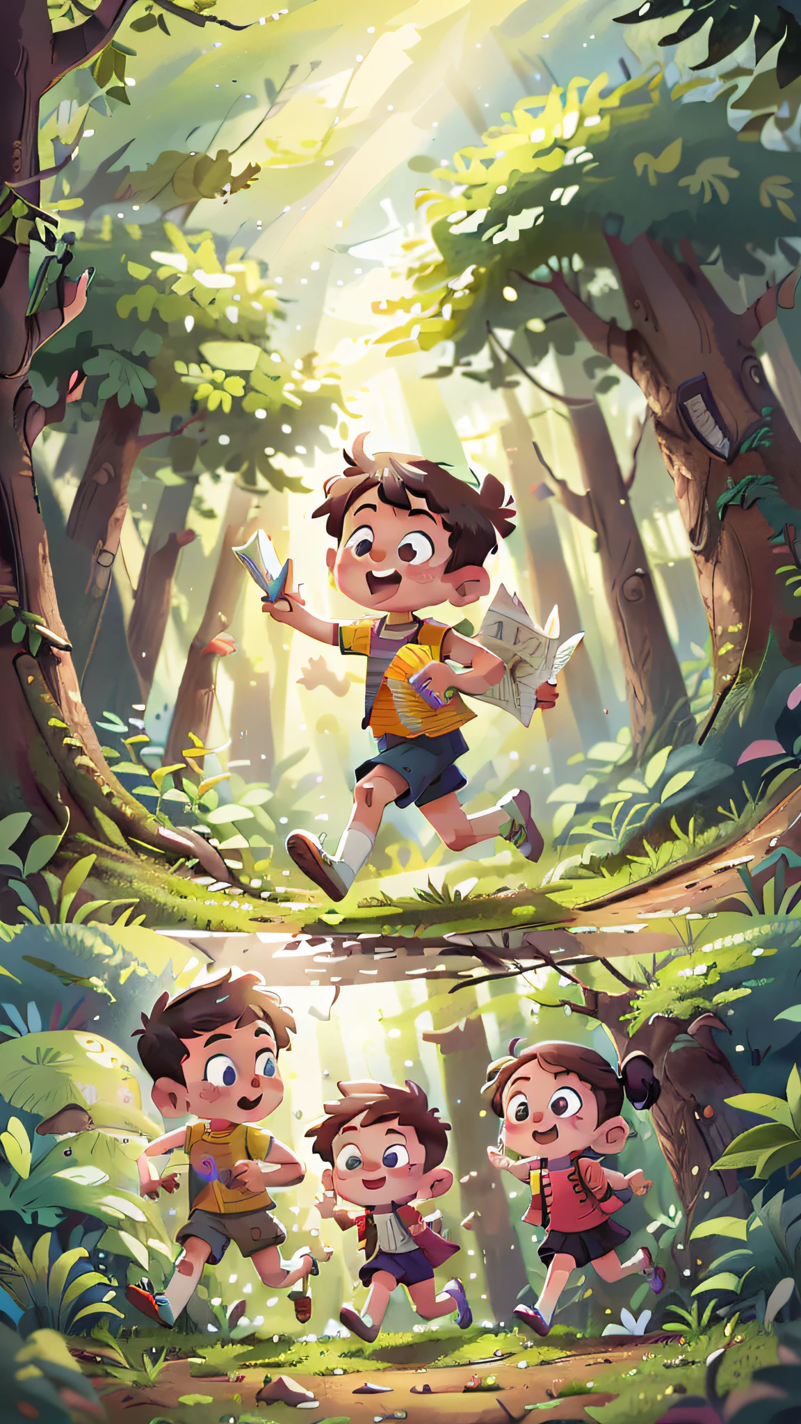 (SFW), two boys and a girl running, forest, holding map, happy, happy, perfect quality, clear focus, colorful, perfect face, intricate details, ultra-low viewing angle, wide-angle lens --v 6