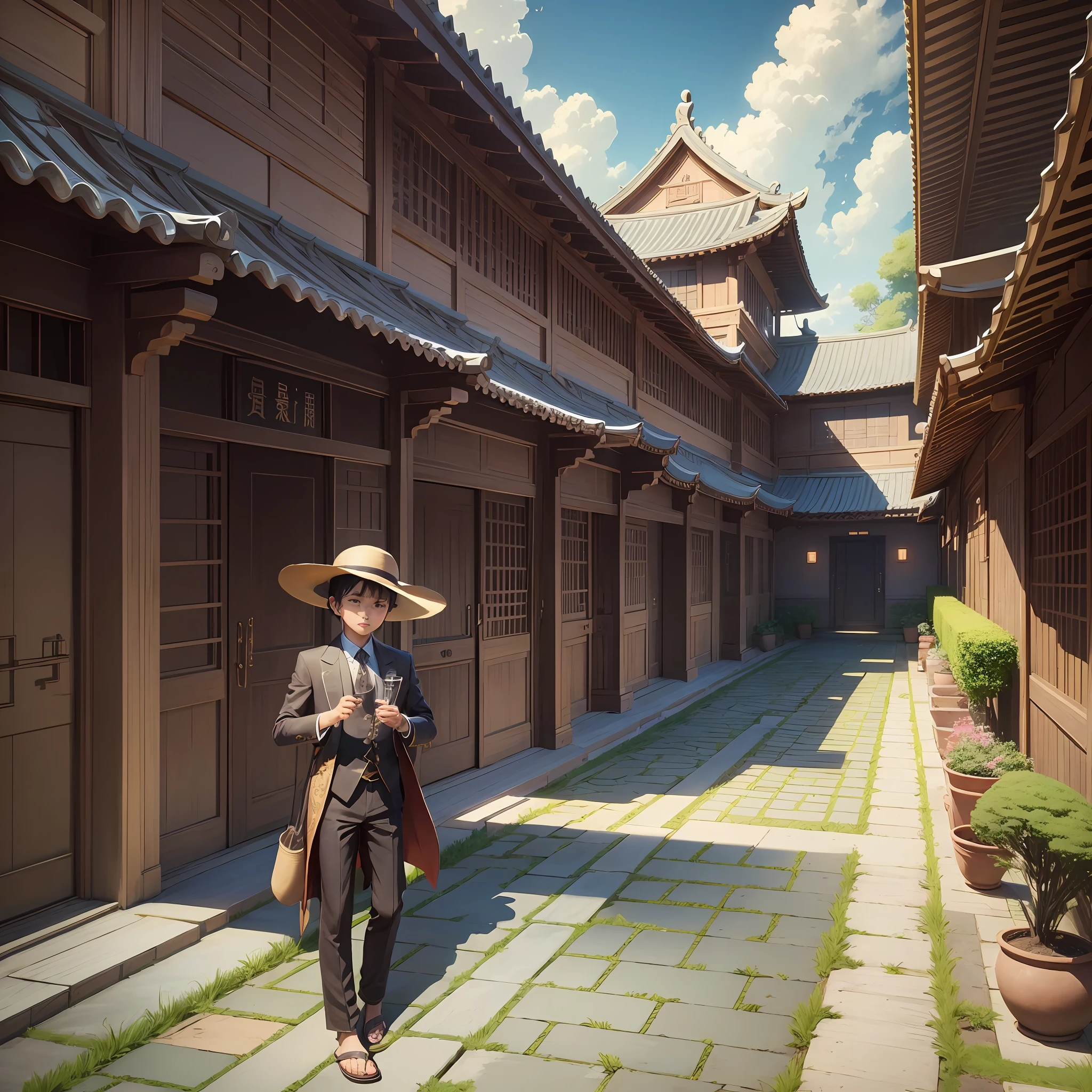 Masterpiece, Best Quality, (Very Detailed CG Unity 8k Wallpaper) (Best Quality), (Best Illustration), (Best Shadow) Chinese style terrace building, straight suit, straw hat, sandals, 12 year old boy,, super detailed --auto --v6 --s2