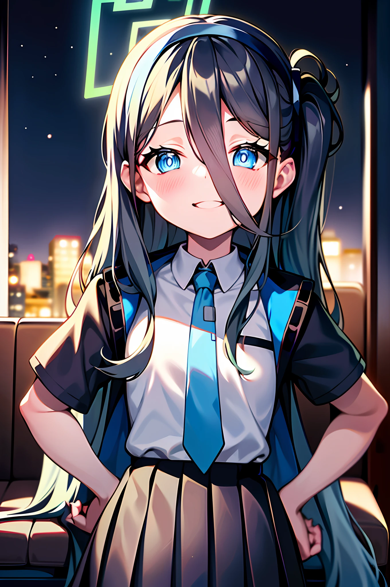 (pureerosface_v1:0.66), best quality, ultra high resolution, (photorealistic: 1.4), 1 girl, fine eyes, dark eye makeup, slim waist, blush, k-pop idol, (charm: 1.0), fine eye makeup, puffy eyes, solo, perfect anatomy, (big), (slender), (black hair: 1), (watch the viewer), sitting, crossed legs, Chair, (original_alice), (light blue tie), (marine blue eyes), (zhuo),(alice_halo:0.7),(blue halo),(smile),(happy),(pigtails),(long hair),(long bangs),(blue archive),(black hair band),(long coat),(school uniform),(white long-sleeved shirt),(pleated skirt),(navy blue skirt),(bare feet),NSFW,Depth of field,Facial details,Skin luster,Beautiful eyes,Dark eye makeup、Slim waist、Cheek,Fine eye makeup,Solo,Perfect anatomy. (((put your hands on your hips))). (((night view))).