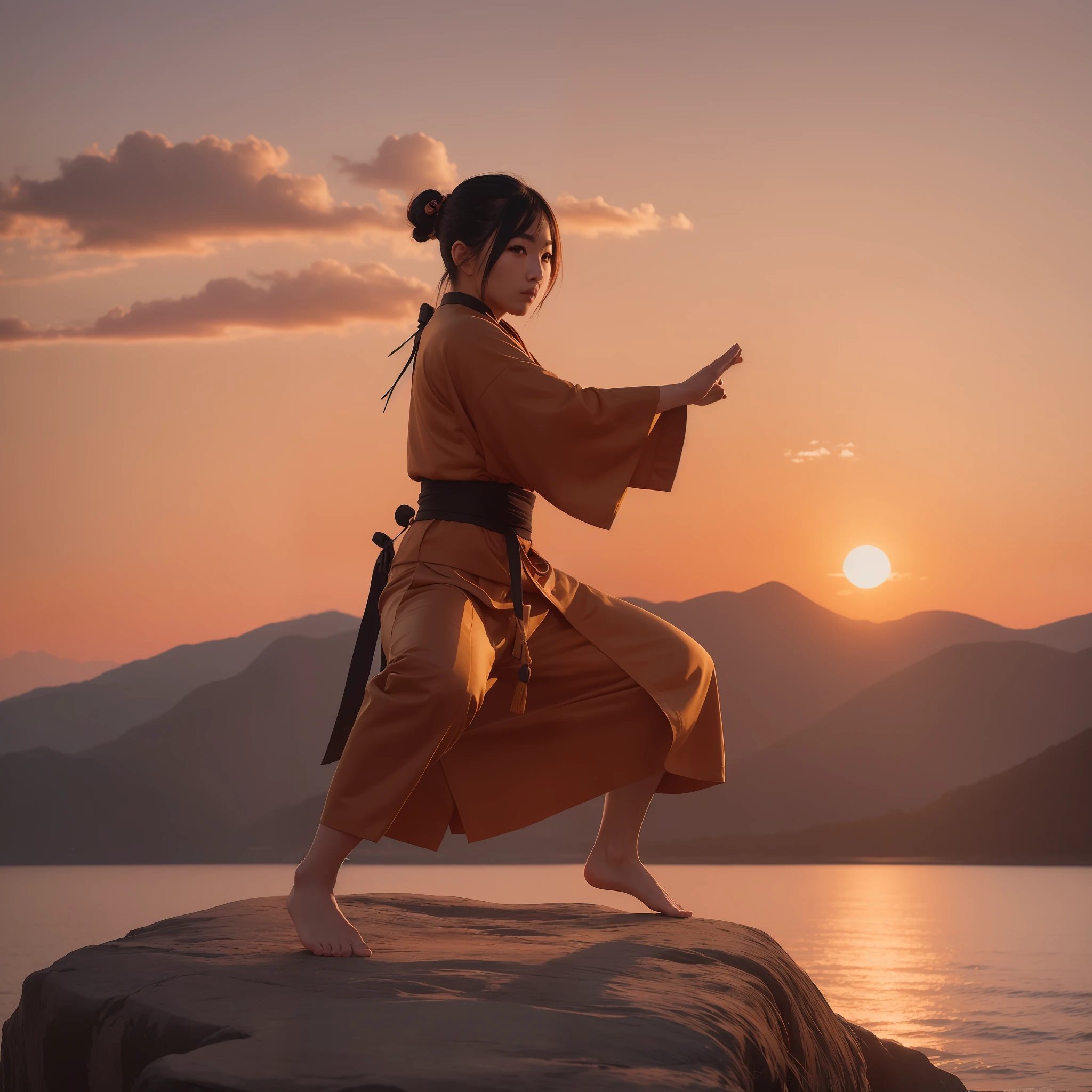 A kung-fu master 2D illustration, highly detailed photo, landscape, sunset, highly detailed photo, natural lighting, fashion photography, Hasselblad Helios 44-2