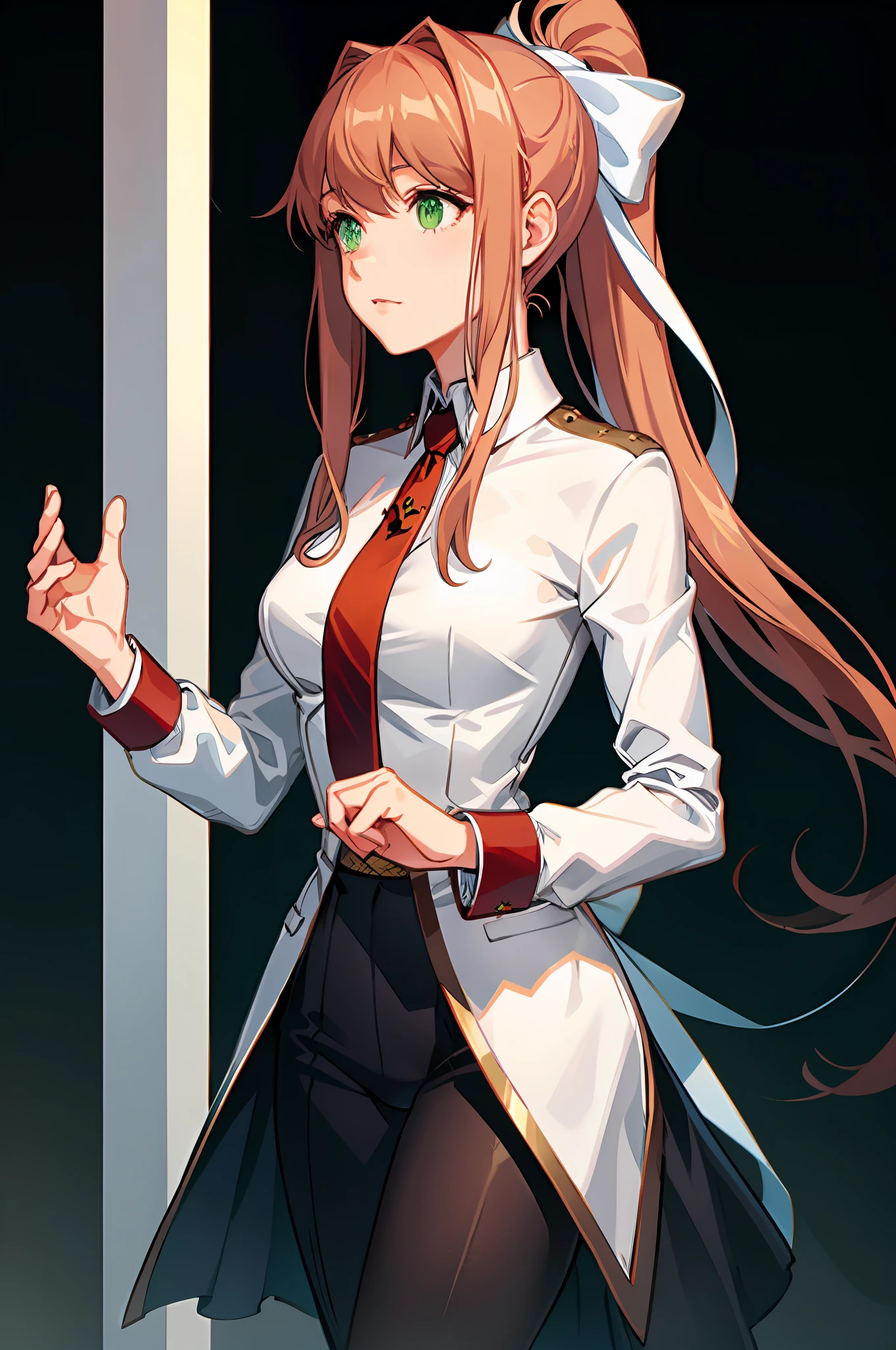 monika, green eyes, very long hair, ponytail