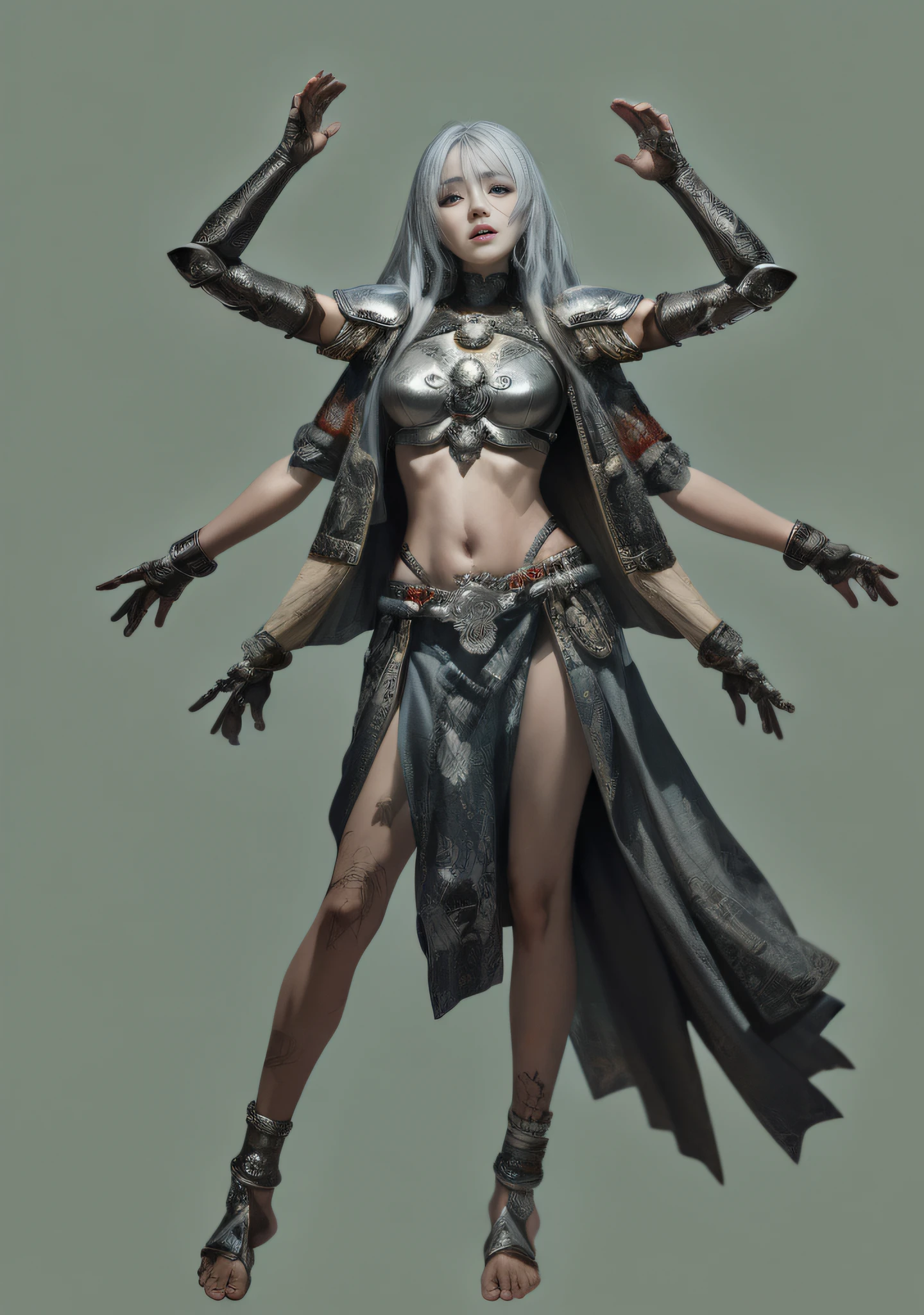 Asura Goddess, Buddhist elements, detailed face and eyes, silver long hair, full body, Japanese armor, rich details, gorgeous patterns, shabby fabric, barefoot, realistic, photo, masterpiece, realism, high contrast, realistic digital art trends in Artstation 8k HD HD details realistic, detailed, skin texture, super detailed, realistic skin texture, armature, best quality, super high resolution, (realistic:1.4),, high resolution, detailed, original photo, sharp re, Lee Jeffries Nikon D850 Film Stock Photo 4 Kodak Portra 400 Camera F1.6 Lens Rich Colors Ultra-realistic textures Dramatic lighting Unreal Engine Trends on the Art Station Movie Still 800