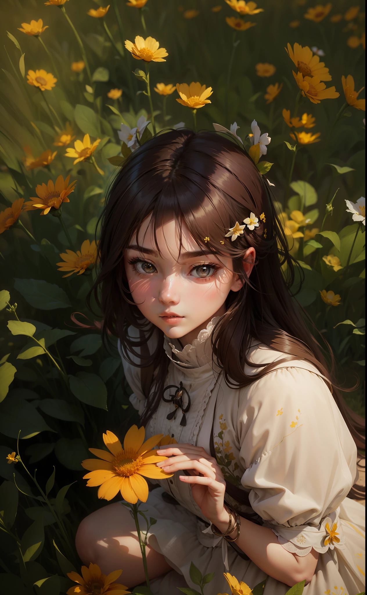 Arad woman smells a flower in flower field, Lofe girl aesthetic, yellow flowers around, INFP young woman, flower head girl, aesthetic field of flowers, flower in hair, floating flower in hair, flower in hair, flower in her hair, girl in flower field, wavy hair yellow theme, girl in flower field, beautiful meticulous girl, extremely detailed face, ridiculous, incredibly ridiculous, huge file size, super detailed, high resolution, very detailed, best quality, masterpiece, illustration, extremely delicate and beautiful, very detailed, CG, unity, 8k wallpaper, amazing, fine details, masterpiece, best quality, official art, extremely detailed CG Unity 8k wallpaper, high resolution, fine details, amazing, 1 girl, focus on face, messy hair, two-dimensional painting style --auto --s2