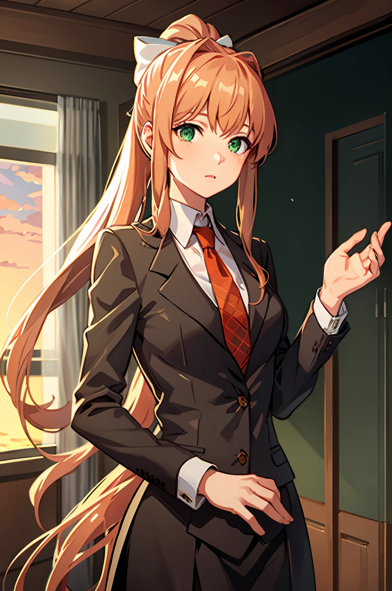 monika, green eyes, very long hair, ponytail