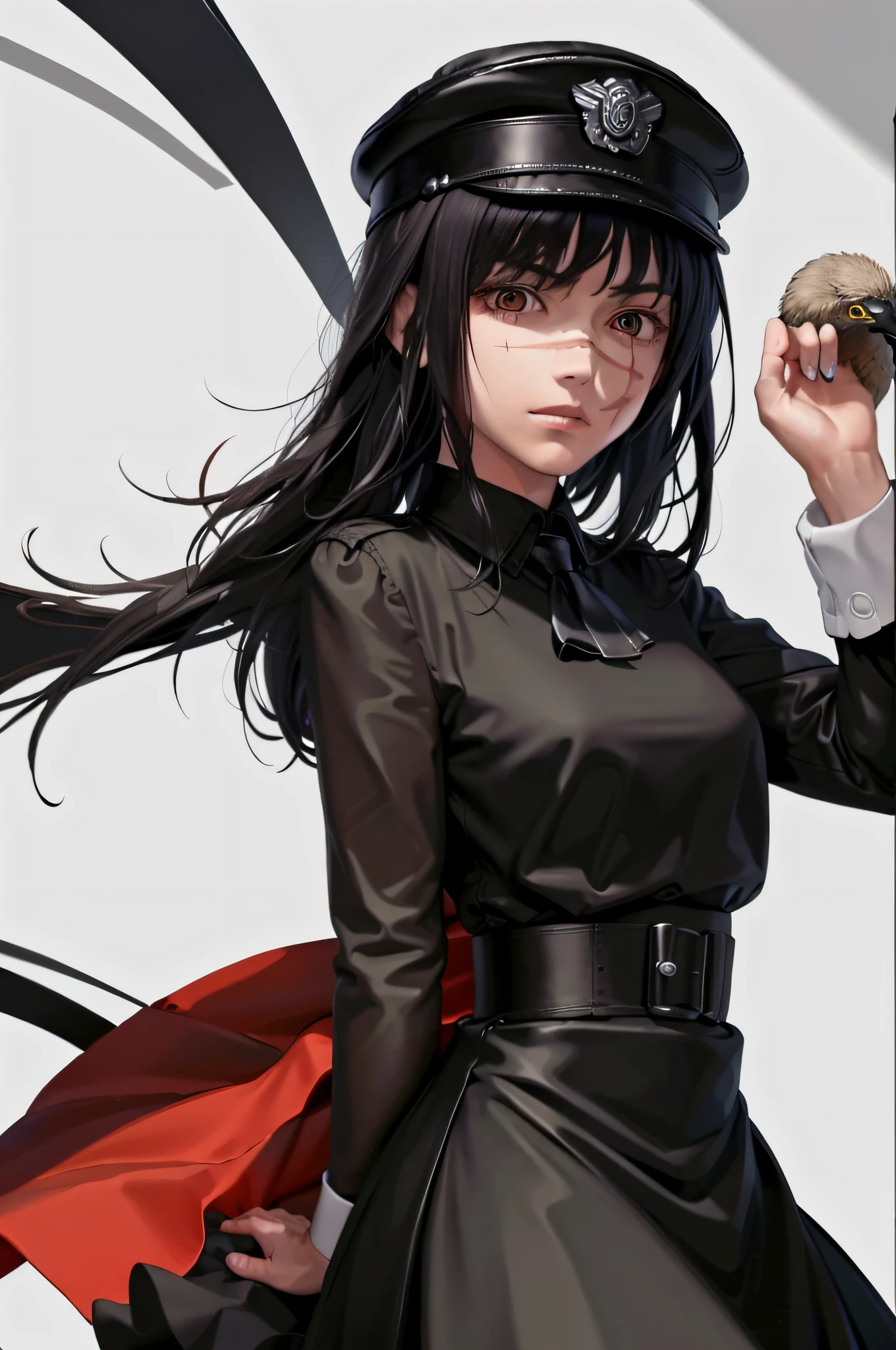 (masterpiece, best quality: 1.2), Solo, 1girl, Yoru \(Chainsaw Man\), expressionless, staring at the viewer, yellow eyes, long hair, full black hair, dress of a German WWII general, red belt, red ribbon on the neck, long sleeves (better quality), scar on the face, beautiful eyes, has only 2 arms, has war medals on his clothes, Black military cap with a golden eagle, (wallpaper), (8K HD), (8K HD), golden shoulder pads, front view
