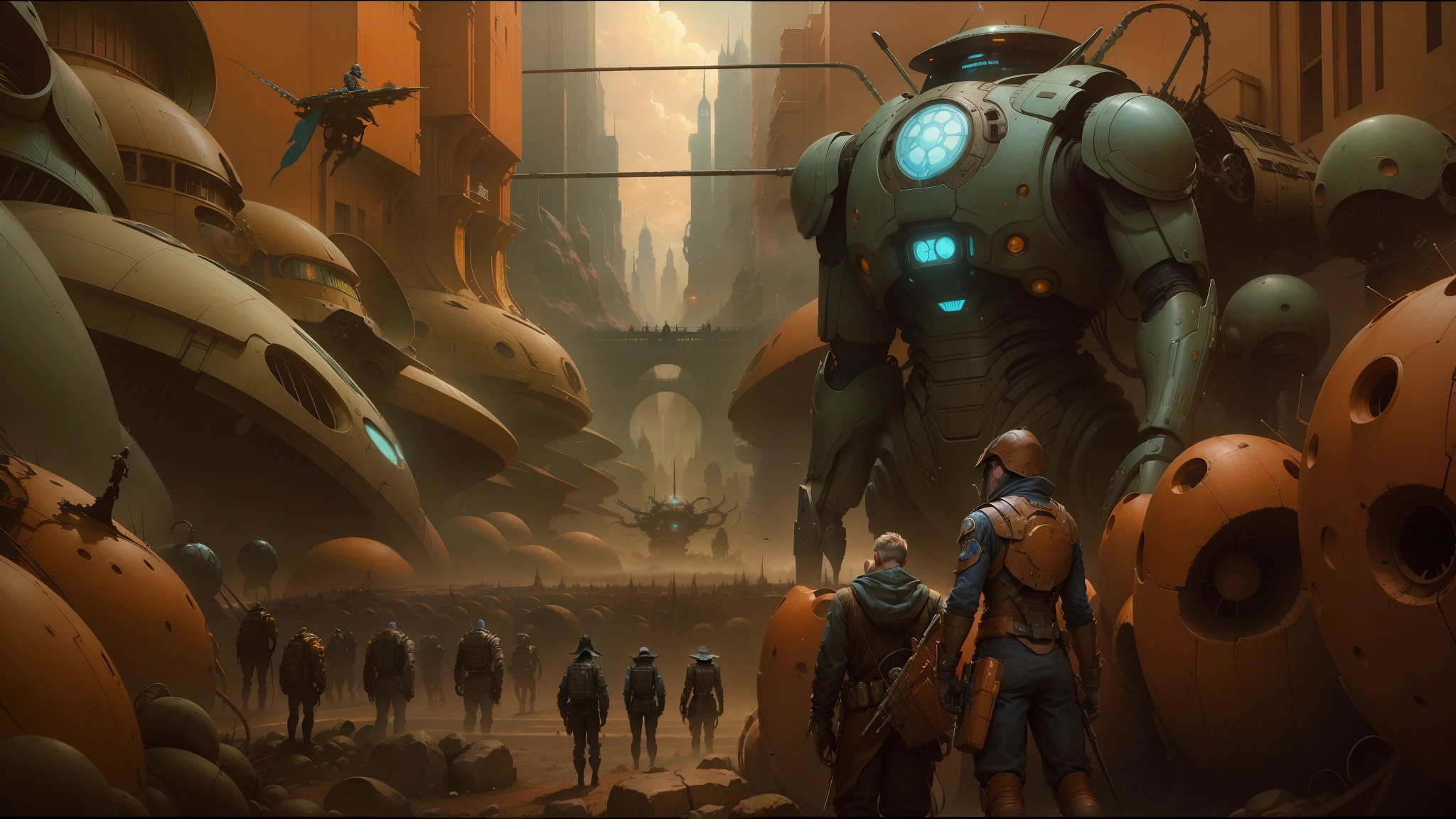 there are many people in a sci - fi city with giant robots, peter gric and dan mumford, beksiński and james jean, michael whelan and pixar, justin gerard and greg rutkowski, style of daniel merriam, andreas rocha and john howe, weta studio and james jean, larry macdougall --auto --s2
