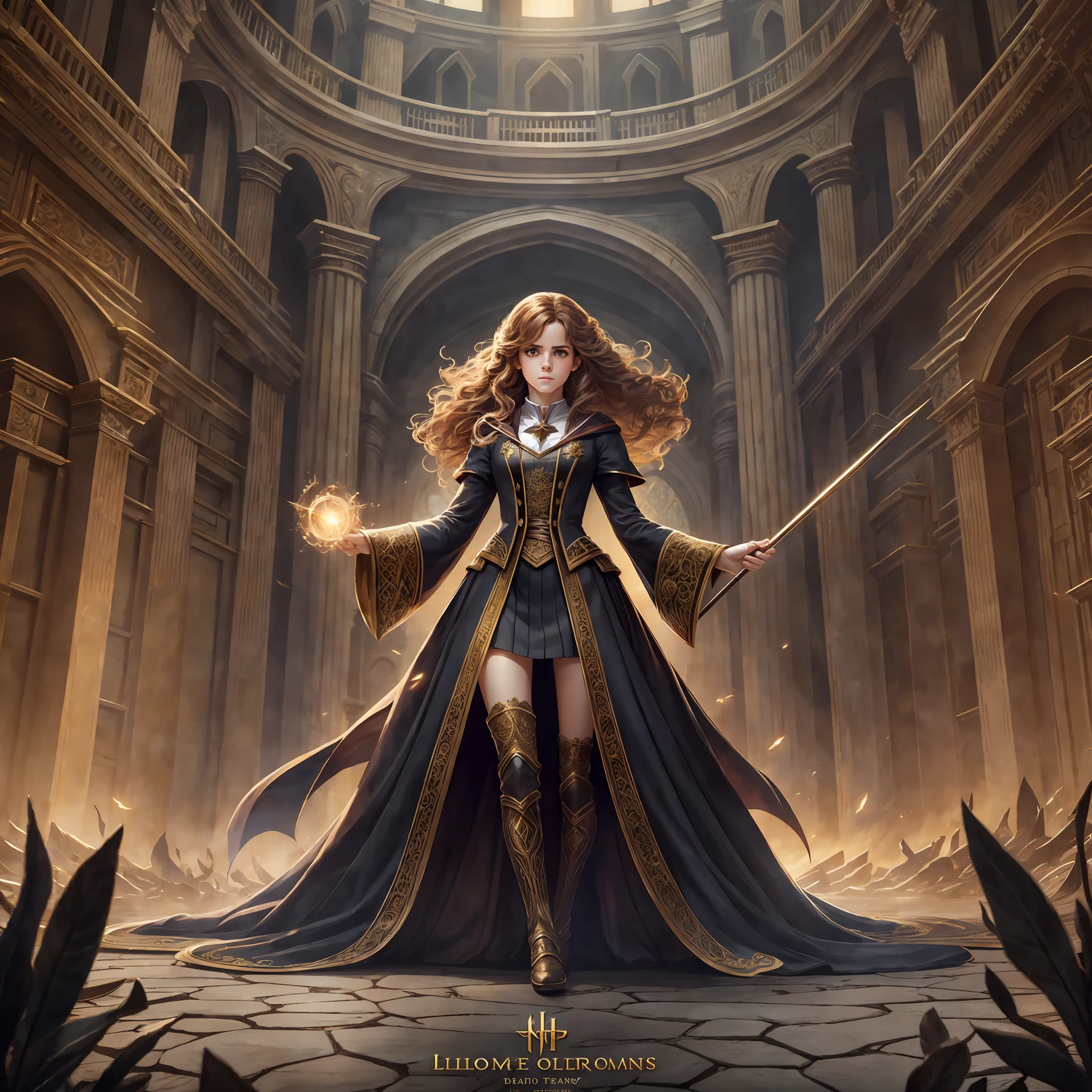 Hermione Granger, full body, witch, Hogwarts, Harry Potter books, spell room, detailed artistic photography, beautiful detailed face, dreamy, bright, backlit, glamour, brightness, shadows, oil on canvas, brush strokes, smooth, ultra high definition, 8k, unreal motor 5, ultra sharp focus, artgerm, loish, sf, intricate art masterpiece, menacing, matte paint film poster, golden proportion, trends in cgsociety,  intricate, epic, highly detailed, vibrant, cinematic character rendering production, ultra high quality model --auto --s2
