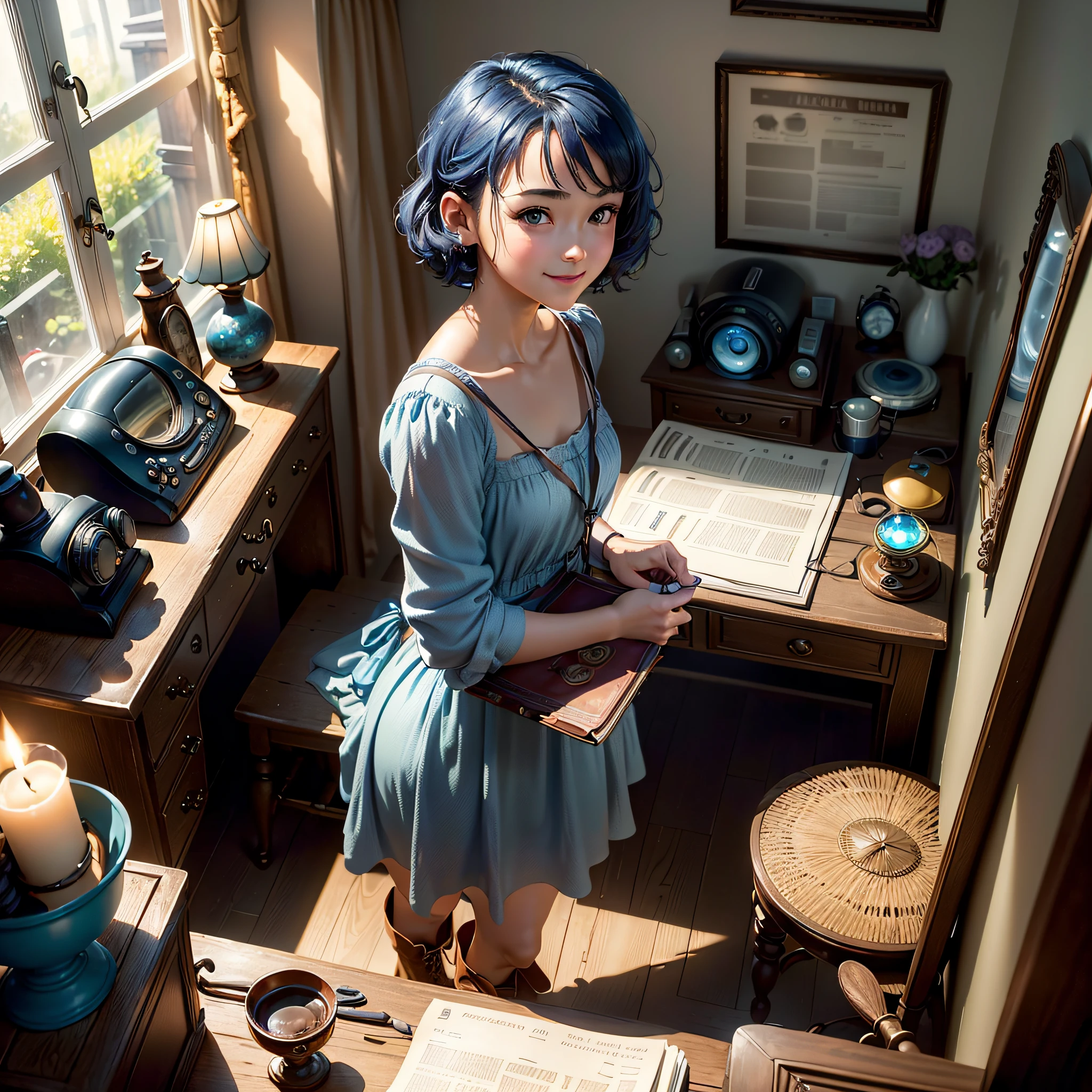 (masterpiece, highest quality, highest resolution, distinct_image, very elaborate CG, cinematic lighting, ray tracing, drop shadows, detailed detail, (photorealistic: 1.4), high quality textures, fine-grained, realistic facial expressions): (lone girl, face is Japan, short blue hair, hair tied back, small size breasts, Sparkly blue eyes, eye level shot, happy smile, beauty, slim body, holiday, own room, console games, computer, display, keyboard, mouse, long blue dress, long boots, antique radio, coffee, model train, bookshelf, wooden chair, pot, fan, painting, stuffed animal, tie, notebook, stationery, vase, photo frames, letters, fountain pens, calendars, lamps, cushions, baskets, mirror in profile, candles, newspapers, sweets, outside the window you can see the park, telephone, fruit, telescope, retro TV)