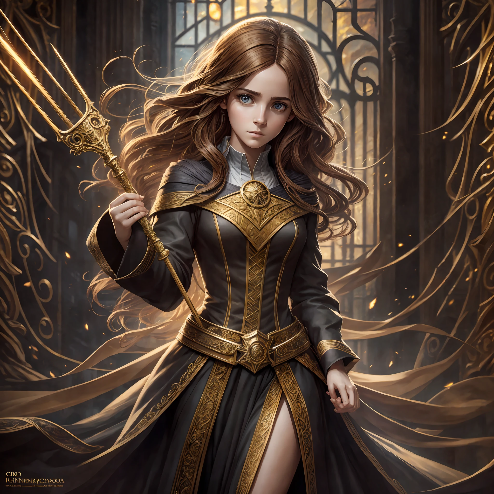 Hermione Granger, full body, witch, Hogwarts, Harry Potter books, spell room, detailed artistic photography, beautiful detailed face, dreamy, bright, backlit, glamour, brightness, shadows, oil on canvas, brush strokes, smooth, ultra high definition, 8k, unreal motor 5, ultra sharp focus, artgerm, loish, sf, intricate art masterpiece, menacing, matte paint film poster, golden proportion, trends in cgsociety, intricate, epic, highly detailed, vibrant, cinematic character rendering production, ultra high quality model --auto --s2