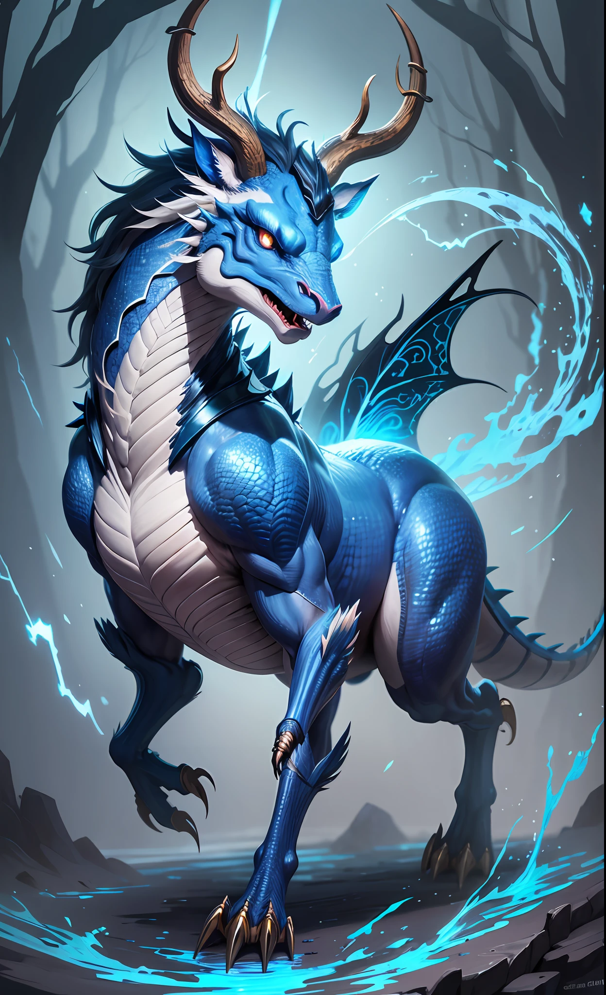 ancient creature with blue eyes, engulfed with blue thunder, have legs like a deer, scale all over the body like a dragon, mythical creature that usually called kirin in japan, walking on the bright sky, amazing details, best wuality, masterpiece, realistic, don't have wing --auto --s2