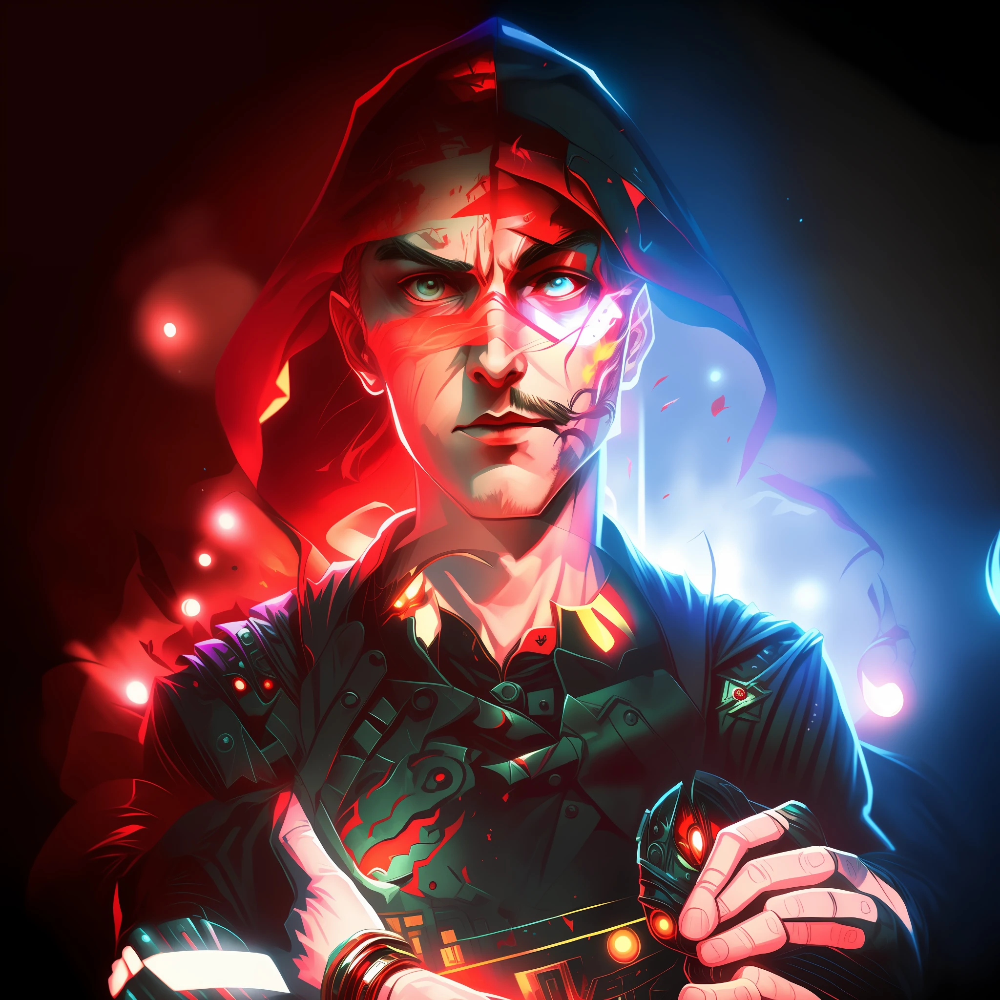 merge the images using the face of the first in the animation of the second, Man in red hood holding a red ball, wizard with red hood, portrait of a red sorcerer, red and cinematic lighting, arcane from Netflix, red hoods, wearing a scarlet hood, little red riding hood thief, wojtek fus, holding a glowing sphere, from the arcane of Netflix, wearing a red hood,  stylized urban fantasy art