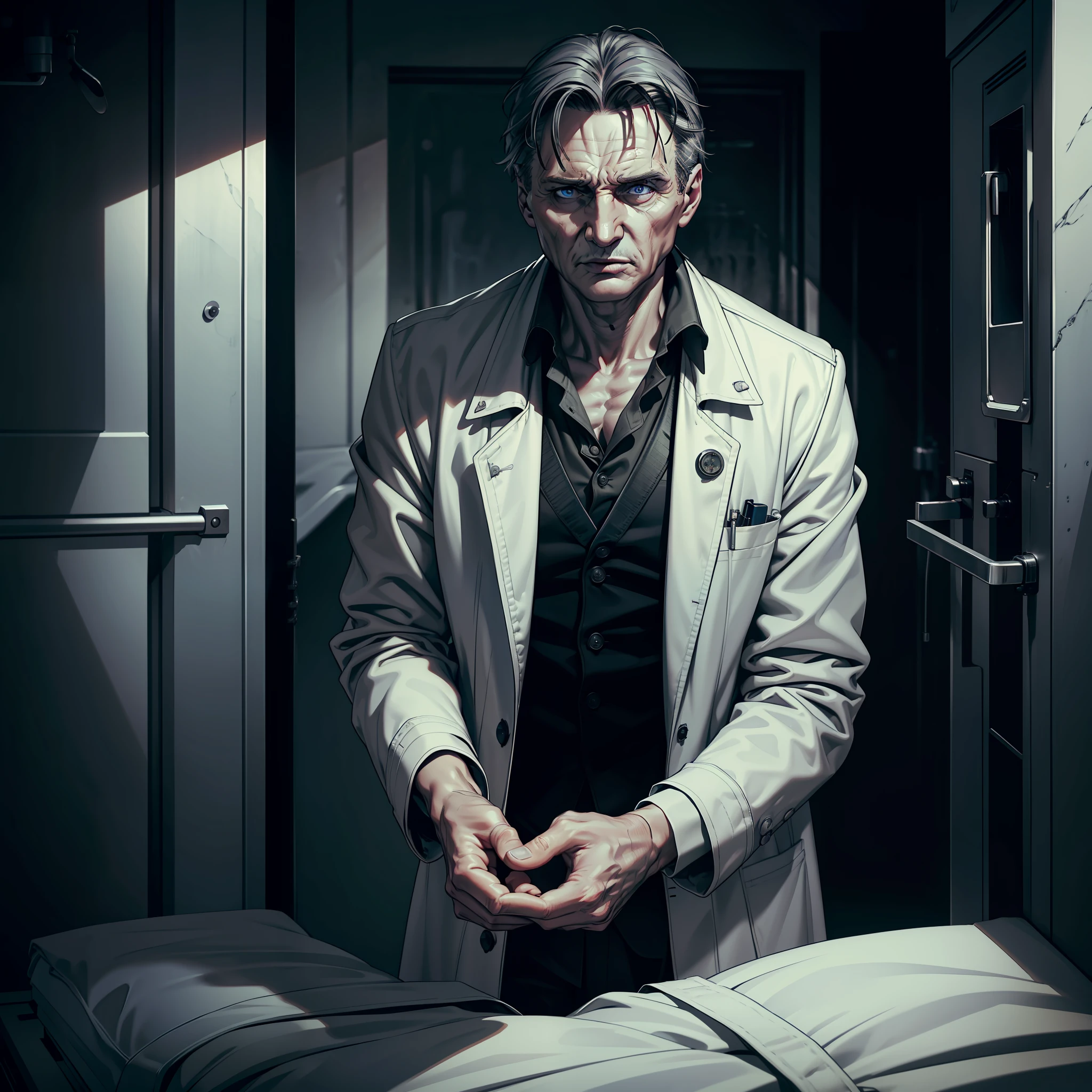 (extremely detailed 8k wallpaper), dark theme, Vampire the Masquerade, modern horror, 2020s, middle-aged man, ((medical examiner wearing white private morgue coat)), sharp focus, (subsurface scattering:1.1), award-winning photograph, centered face, (((Liam Neeson's face))), half-body shot:1.1, gray hair, supernatural blue eyes, serious expression, ((inside the morgue room)), dramatic lighting