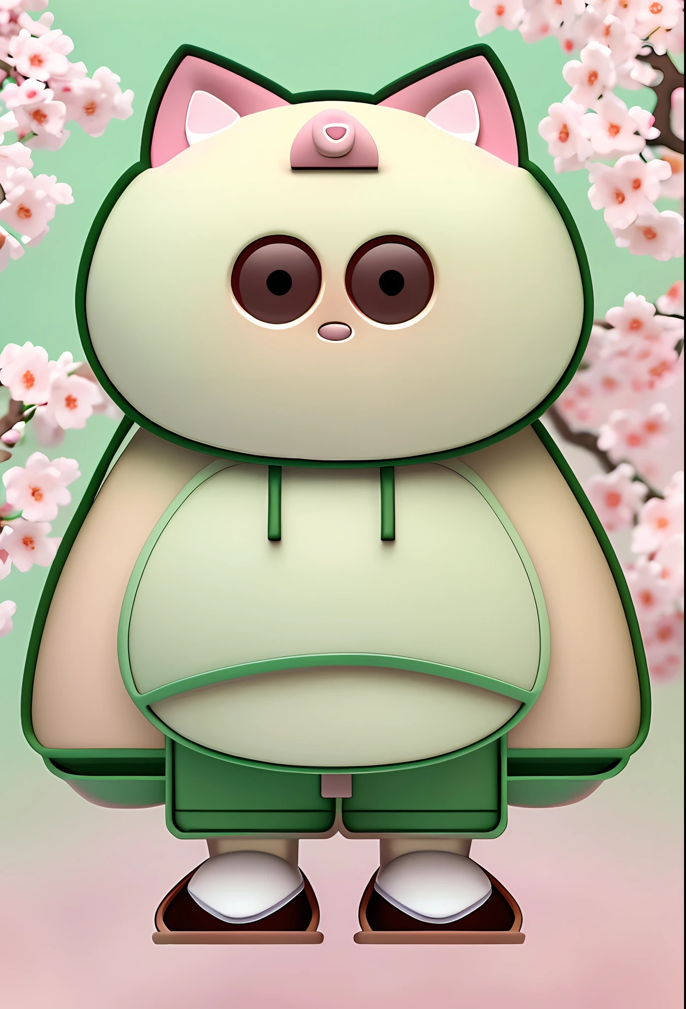 Best quality, masterpiece, three-dimensional, 3D figure, cartoon cat in green tethered hooded sweatshirt and brown pants, white fur, a mole at the corner of the eye, Japanese geta flip-flops, revealing a fluffy big belly, round belly, revealing the navel, Japanese mascot, dumbfounded expression, wide eyes, round eyes, outdoor, cherry blossom tree,