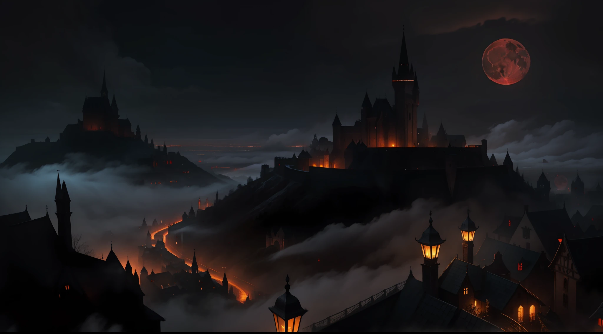 a medieval city, night, dark environment, darkness, fog, blood, moon