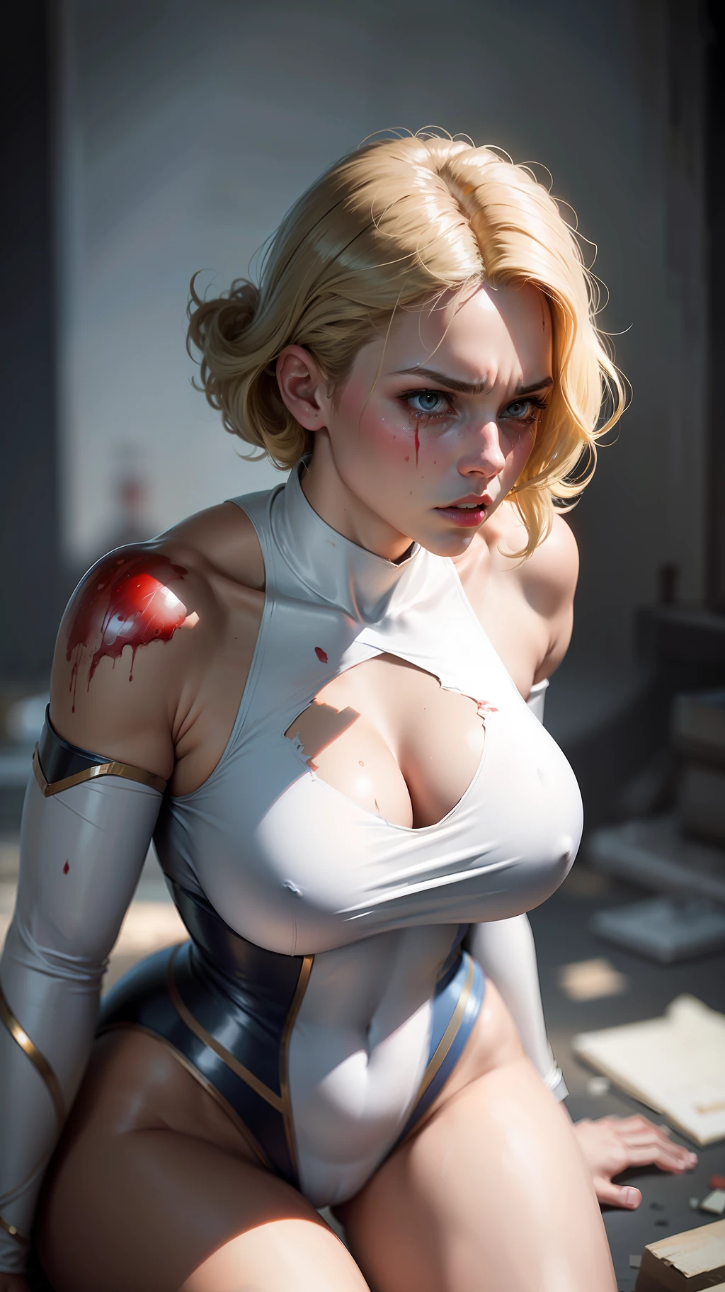 (best quality), (masterpiece), power girl (perfect face), defeated, (perfect body), (tears, blood, severe bruises and injuries on body, heavy wounds and cuts, severe bleeding from nose, mouth and injuries, damaged), (power girl suit, damaged, ripped and torn suit), (injured and surrender kneeling weekly), perfect body, dark lighting, dim light, foggy and smoky, cowboy shot, 8k resolution, high saturation, damaged and ruined surrounding