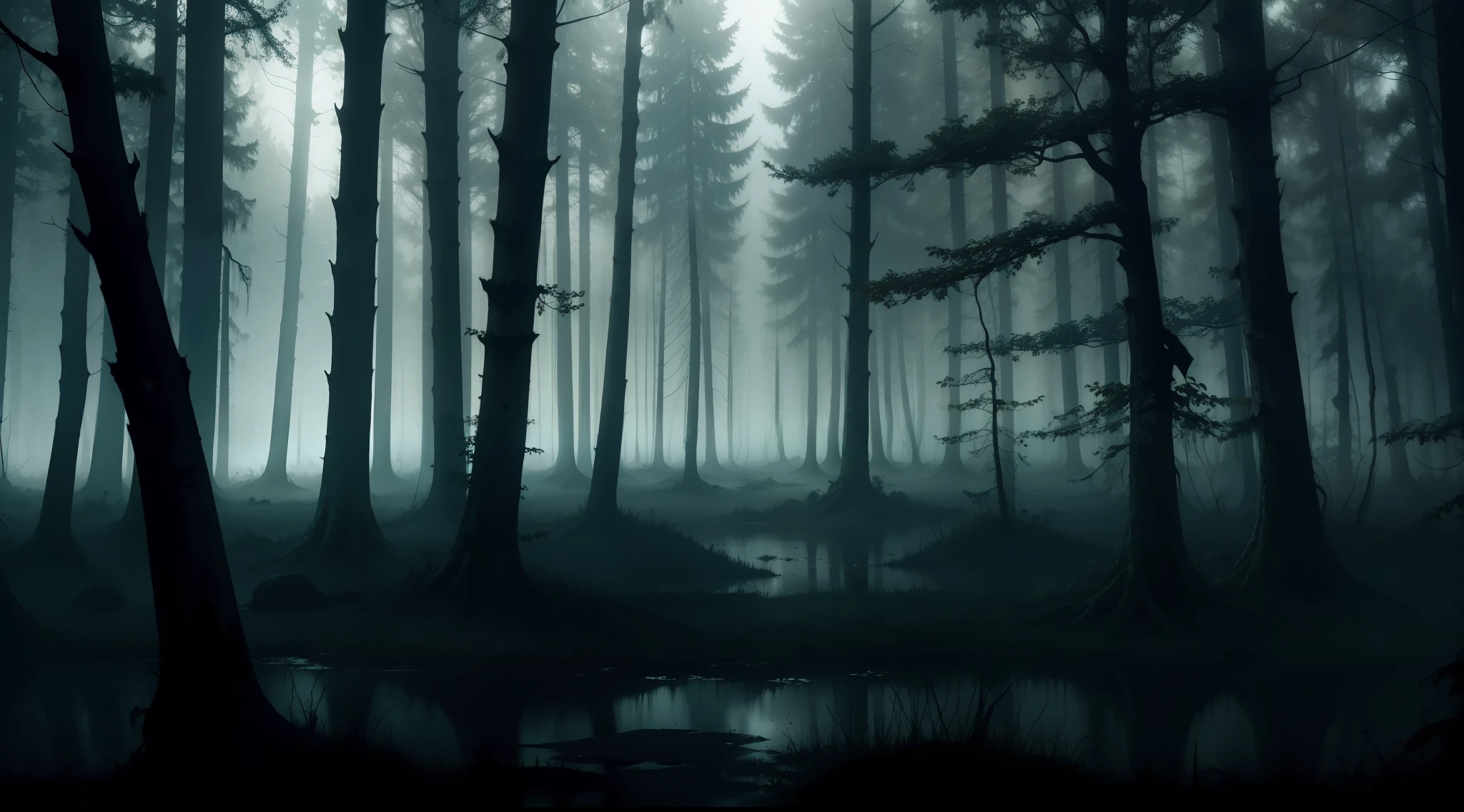 a swampy forest, night, dark environment, darkness, fog, blood