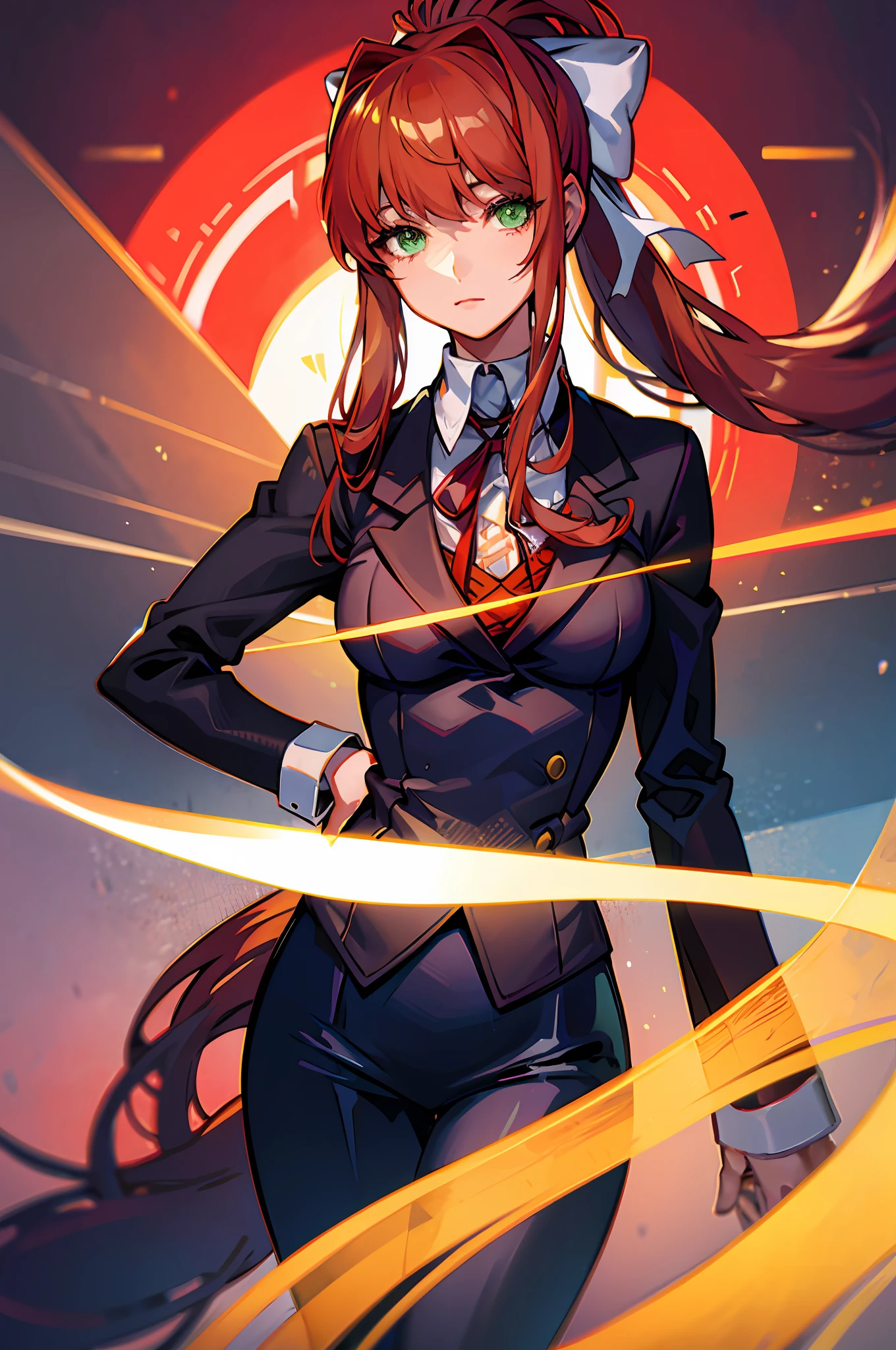 monika, green eyes, very long hair, ponytail