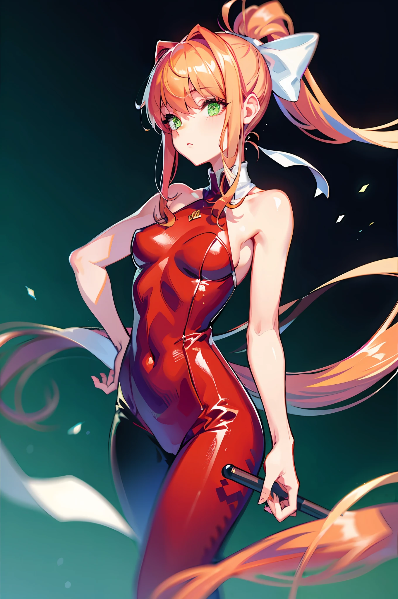monika, green eyes, very long hair, ponytail