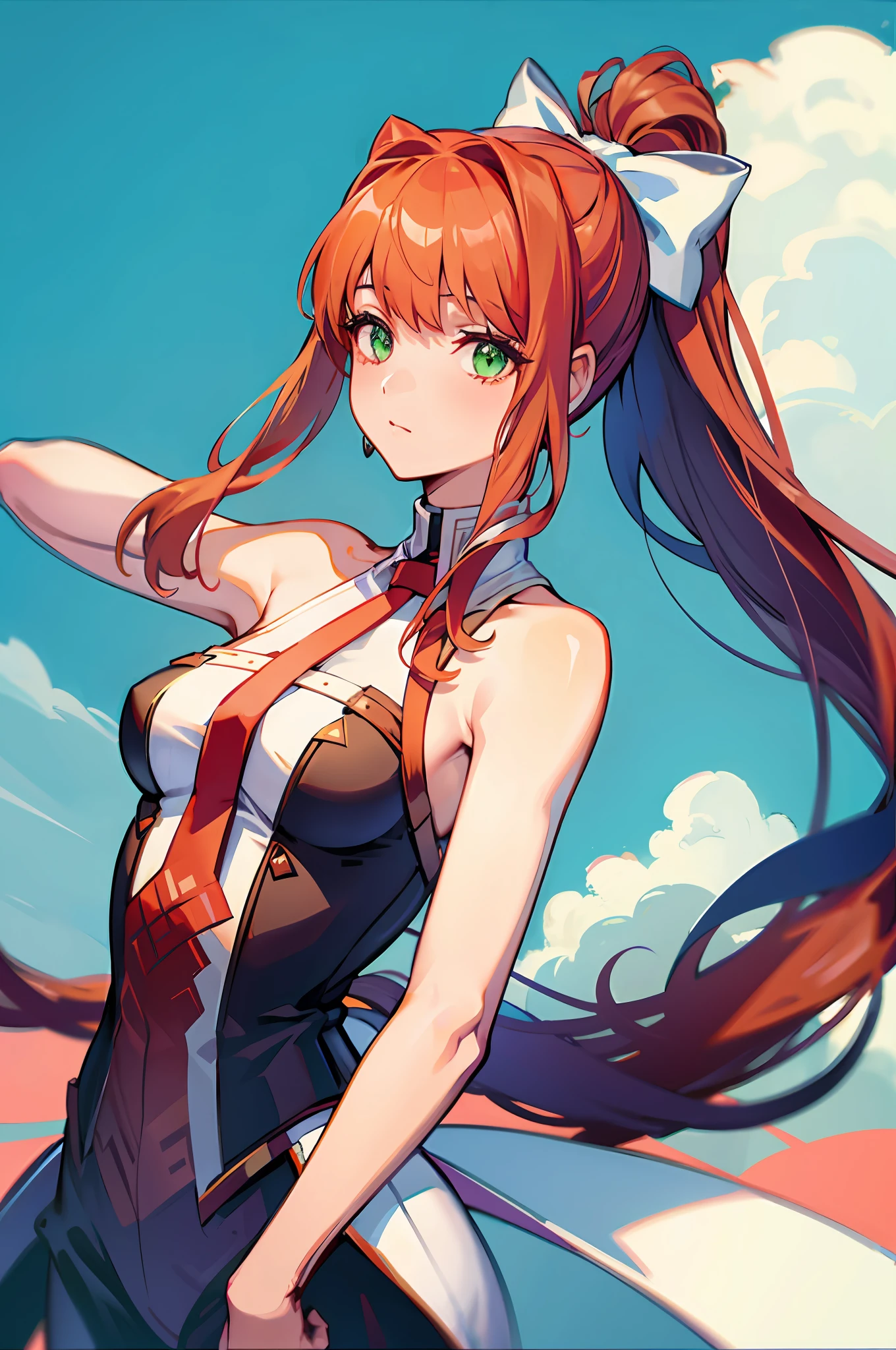 monika, green eyes, very long hair, ponytail