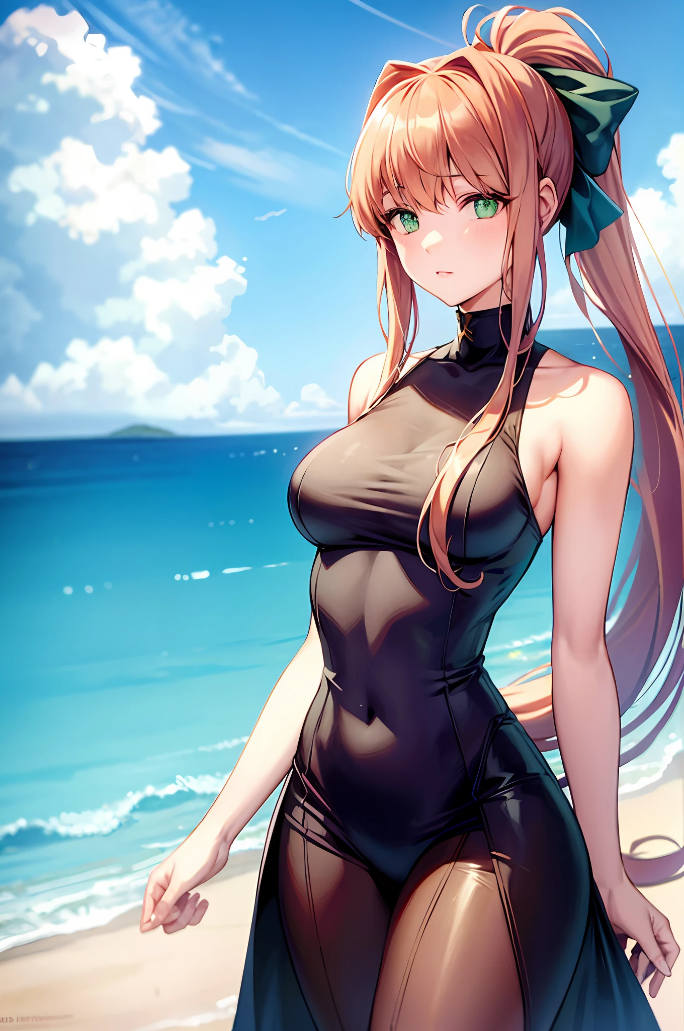 monika, green eyes, very long hair, ponytail