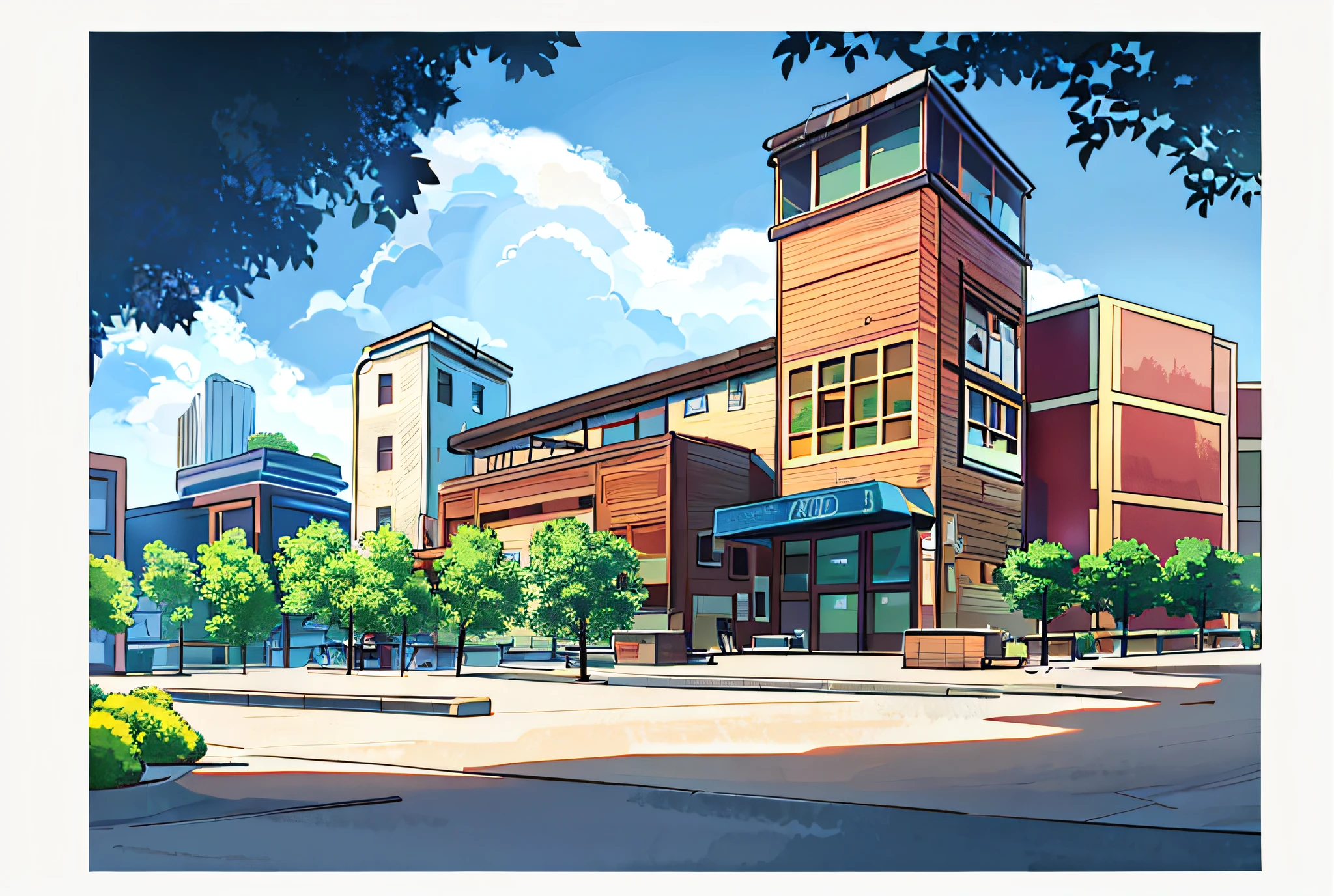 there is a picture of a city street with a building in the background, anime style cityscape, style of madhouse studio anime, anime background art, anime scenery concept art, sharp focus ilustration hq, town center background, hd anime cityscape, sharp foccus ilustration hq, random background scene, anime scenery, made with anime painter studio, anime scene