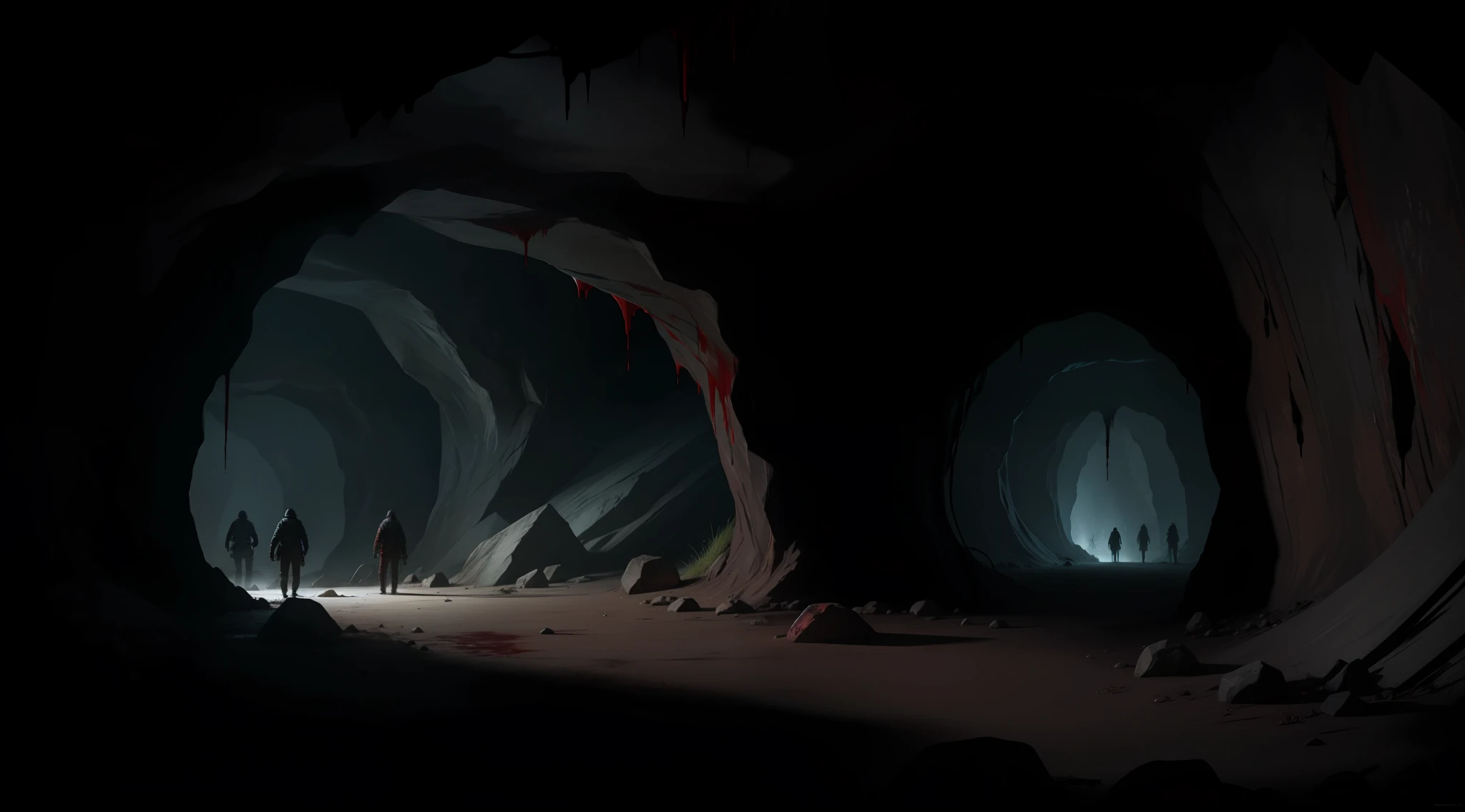 a cave full of blood and dirt, night, dark environment, darkness, fog, blood