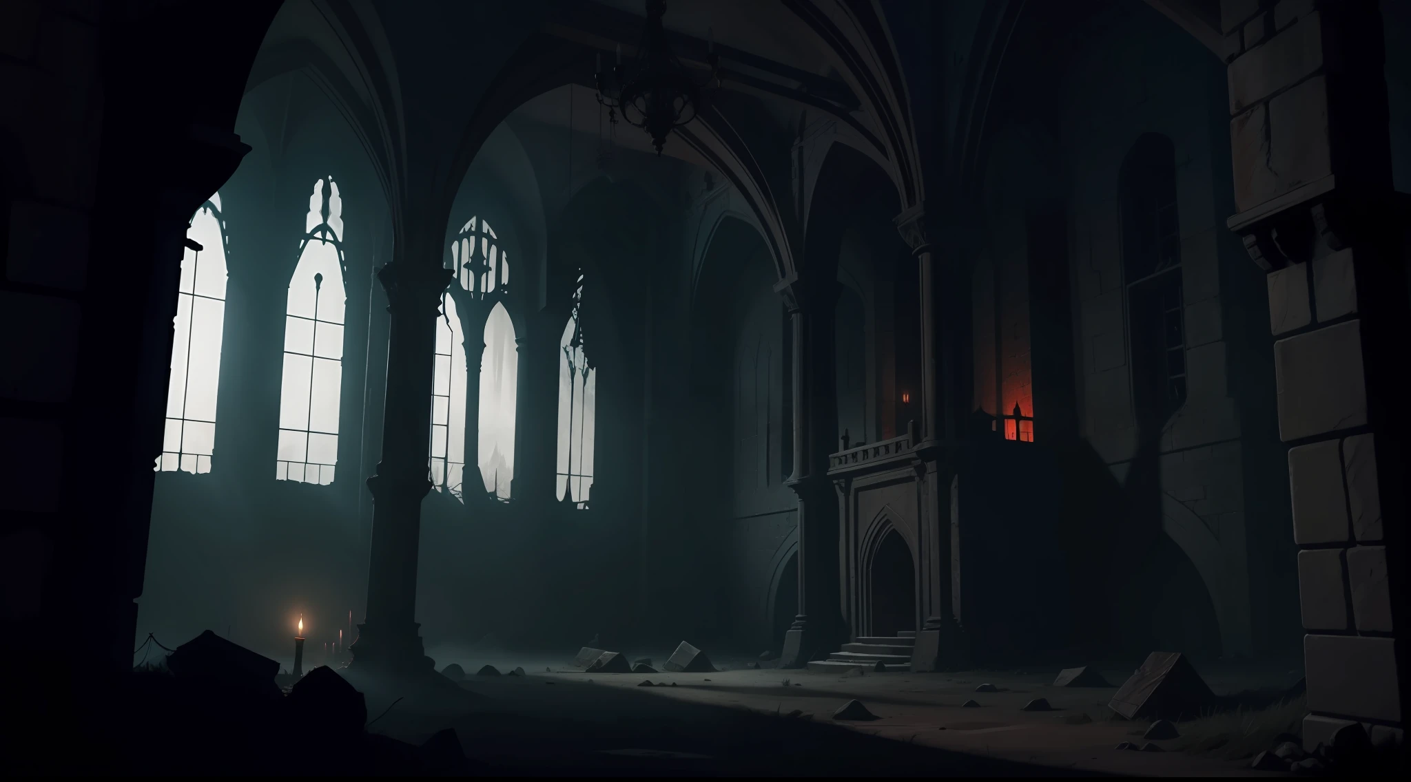 the interior of a medieval castle, night, dark environment, darkness, fog, blood