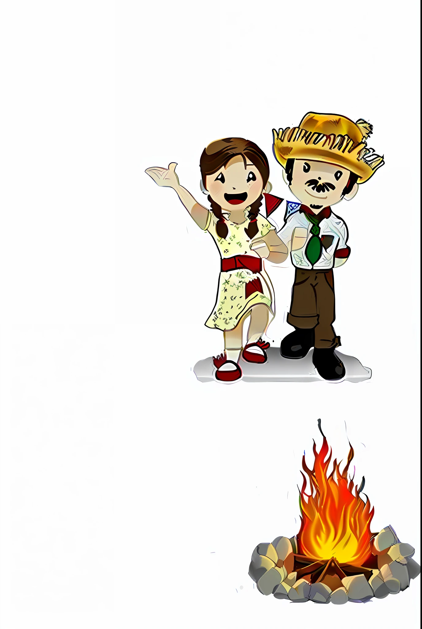 cartoon of a couple standing next to a campfire with a hat on, white bg, without background, by Bernardo Daddi, the background is on fire, by Francisco Zúñiga, by Dionisio Baixeras Verdaguer, 2 people, promotional artwork, by Jenaro de Urrutia Olaran, by Almeida Júnior