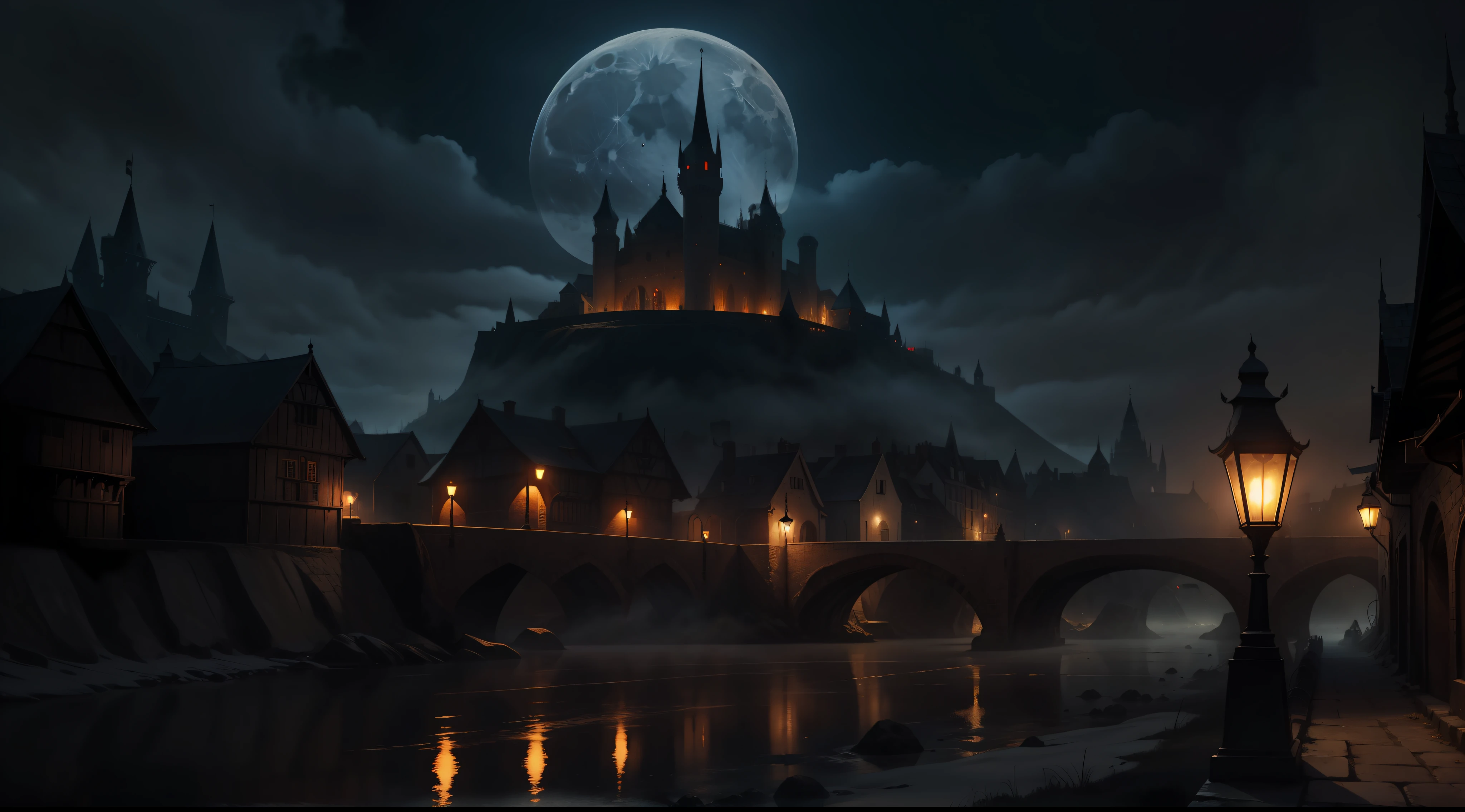 a medieval city, night, dark environment, darkness, fog, blood, moon