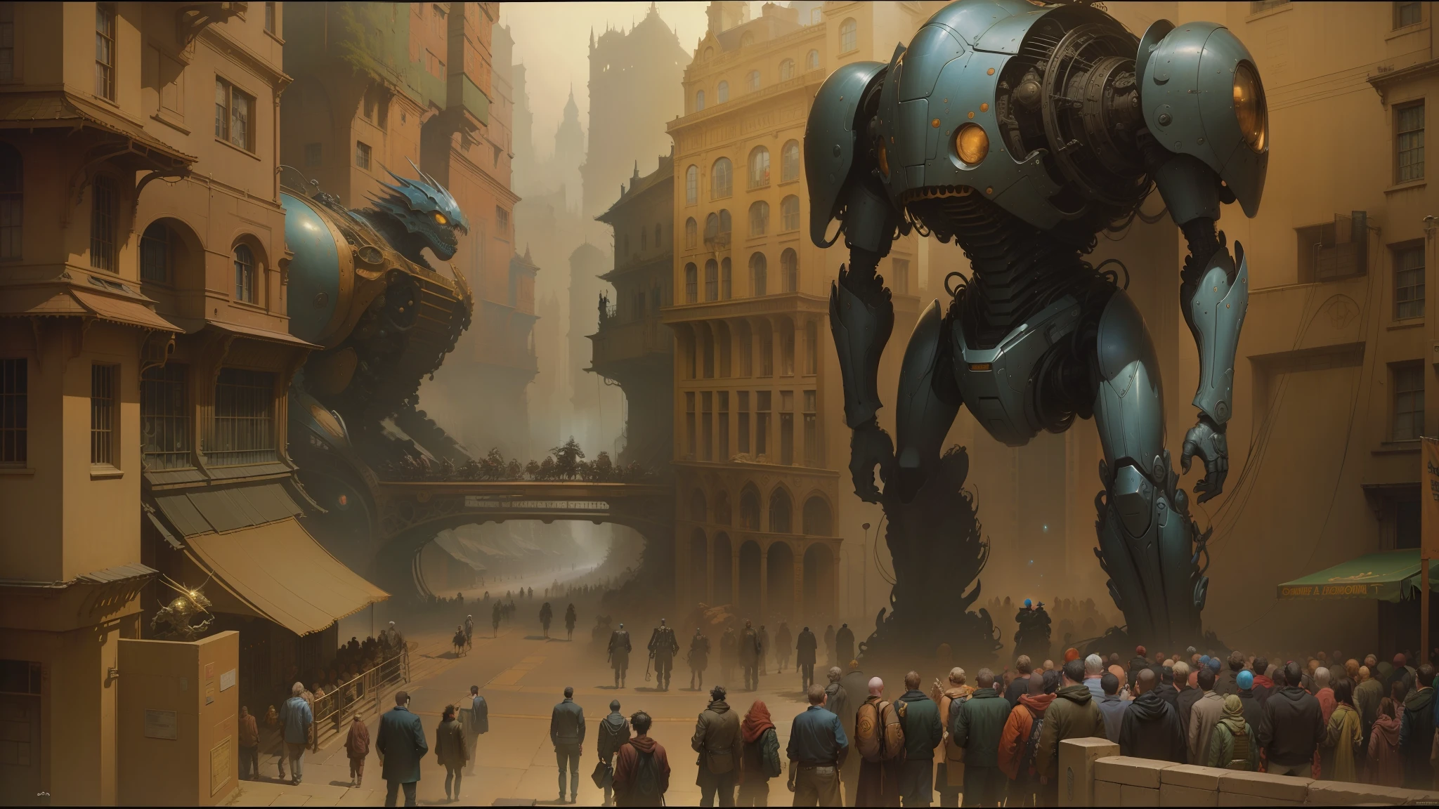 there are many people standing in a crowded street with giant robots, peter gric and dan mumford, beksiński and james jean, michael whelan and pixar, justin gerard and greg rutkowski, style of daniel merriam, andreas rocha and john howe, weta studio and james jean, larry macdougall --auto --s2