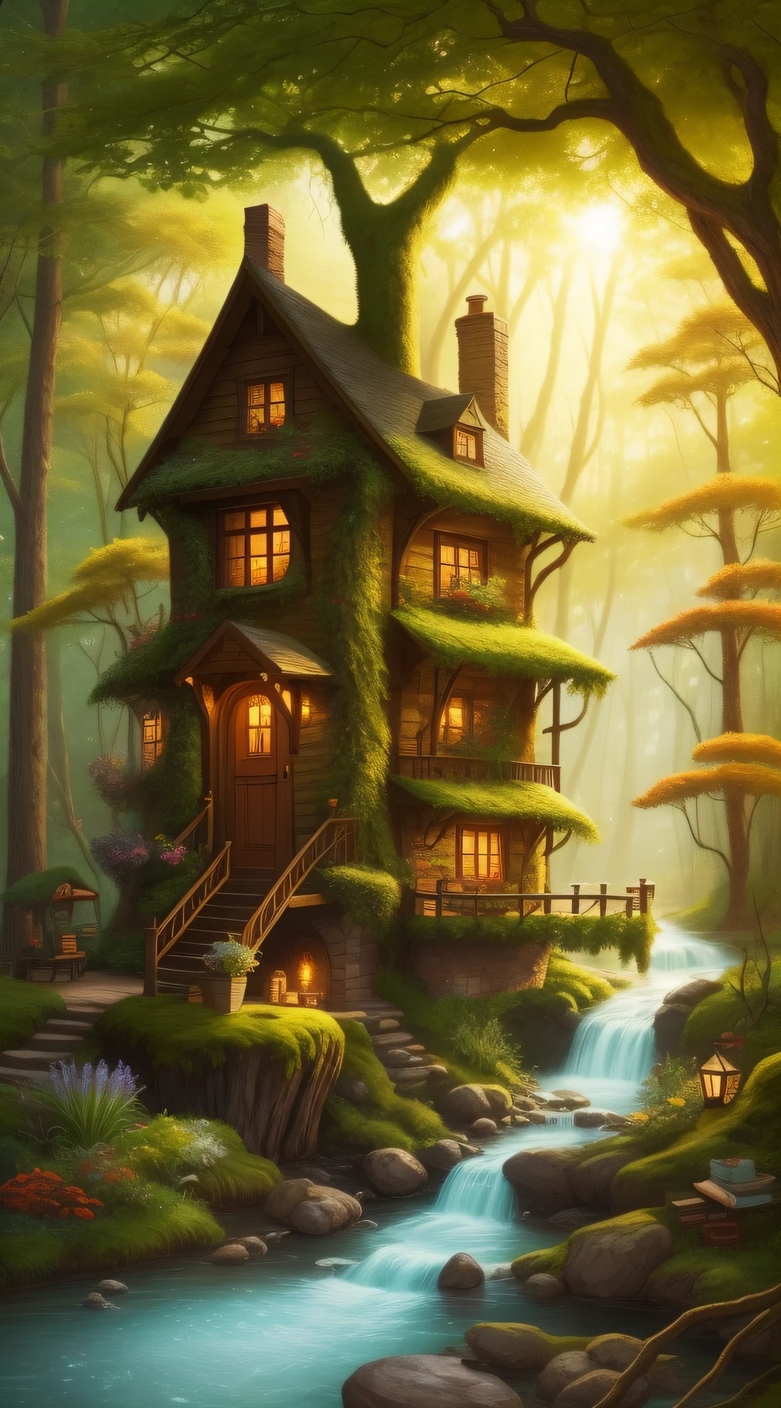 A whimsical forest scene comes to life on the page. Trees are tall and twisted, their branches reaching towards the sky. The leaves are a mix of vibrant colors, ranging from green to gold to red. A babbling brook winds its way through the underbrush, and a family of deer drinks from its cool waters. A small cottage sits nestled between the trees, with smoke rising from its chimney. The door is ajar, revealing a cozy interior with a roaring fire and shelves filled with books and trinkets. As you look closer, you notice tiny fairies flitting about the scene, their wings sparkling in the sunlight. It’s a magical and enchanting world, waiting to be explored.