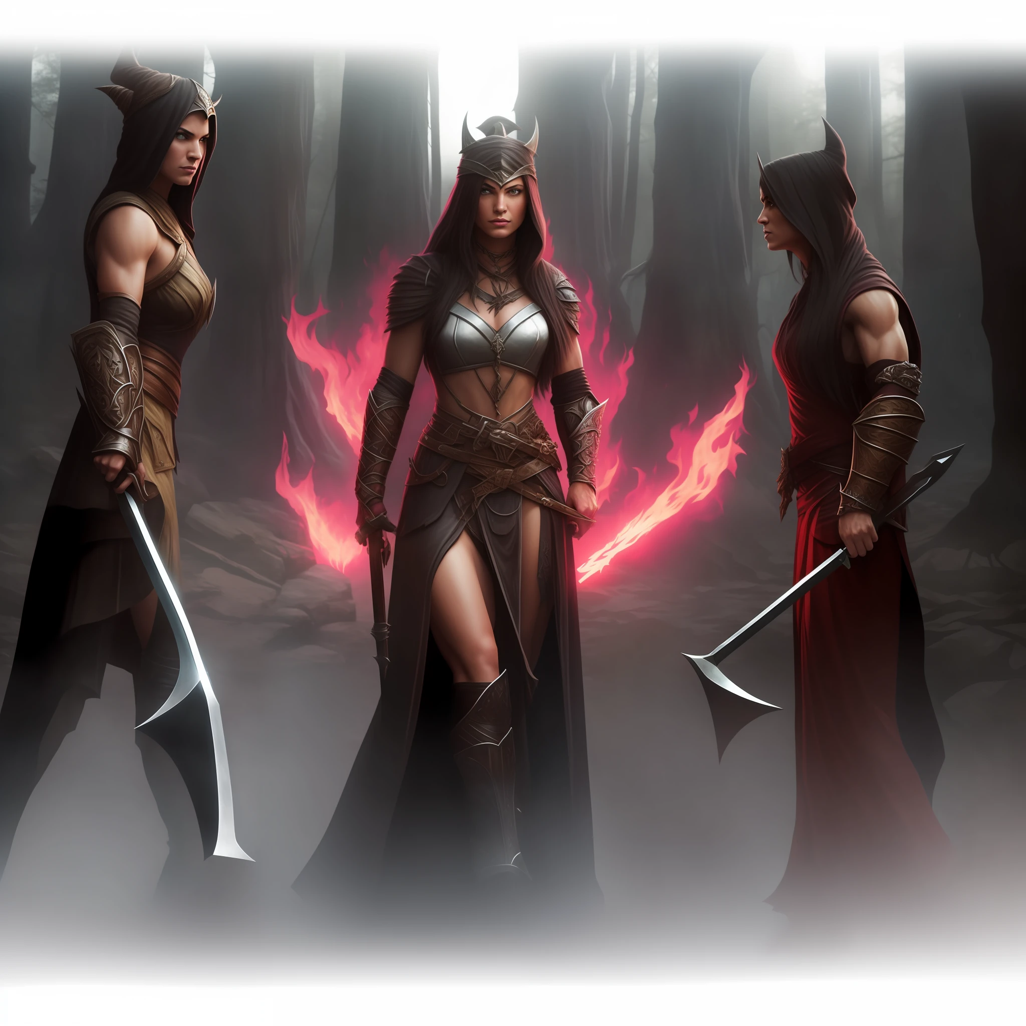 three witches with weapons from dungeons and dragons, lean muscles, dnd, in the style of realistic and hyper-detailed drawings, dungeons and dragons, 8k, detailed eyes, perfect eyes, epic, dramatic, fantastic, full body, intricate design and details, dramatic lighting, hyperrealism, photorealistic, cinematic, 8k, detailed faces, dramatic photo, epic photo, full body, witches,