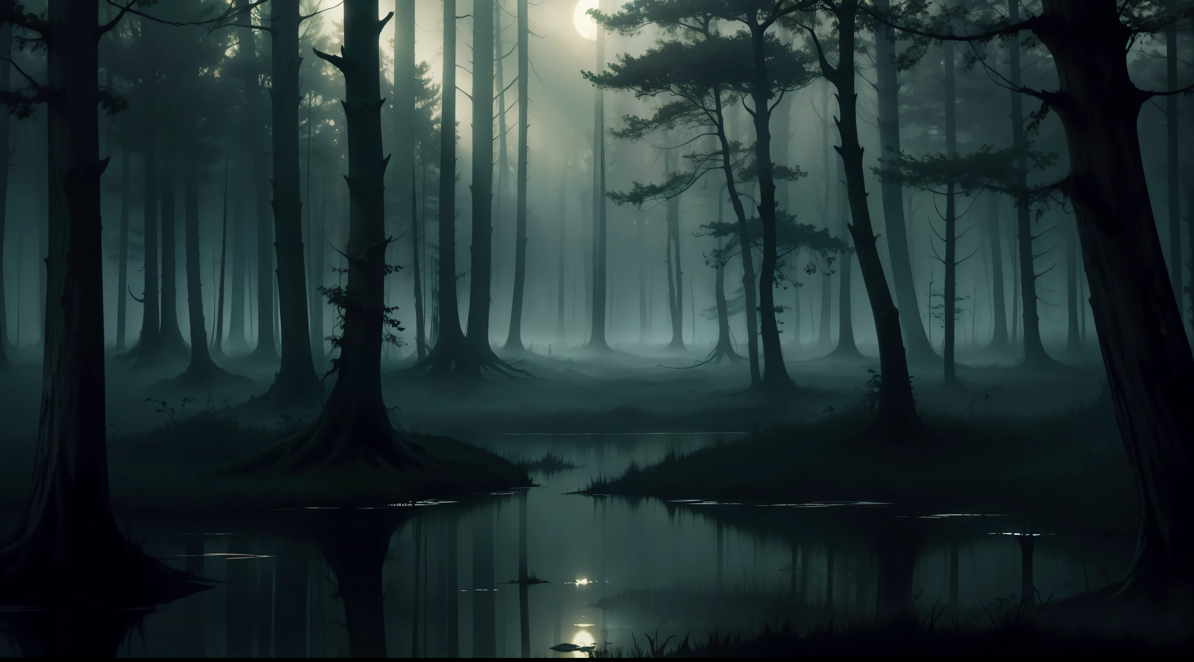 a swampy forest, night, dark environment, darkness, fog, blood