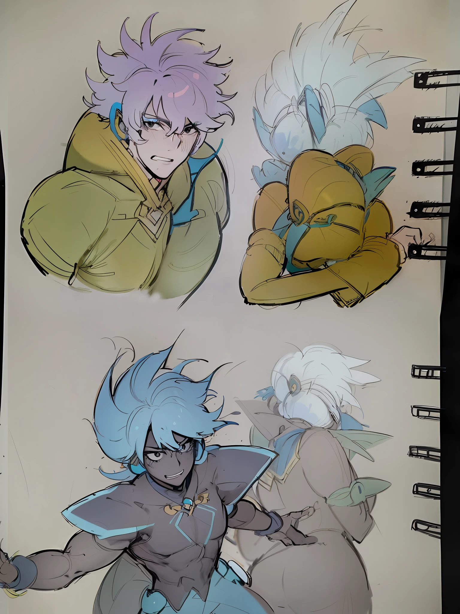 sketches of a drawing of a person with a blue hair, cel shaded anime, in the art style of 8 0 s anime, cel - shaded art style, cel shaded!!!, 8 0 s anime art style, inspired by Zoltan Boros, colored sketch, high quality colored sketch, anime cels, colored drawing, black ink & copic markers, anime illustrated