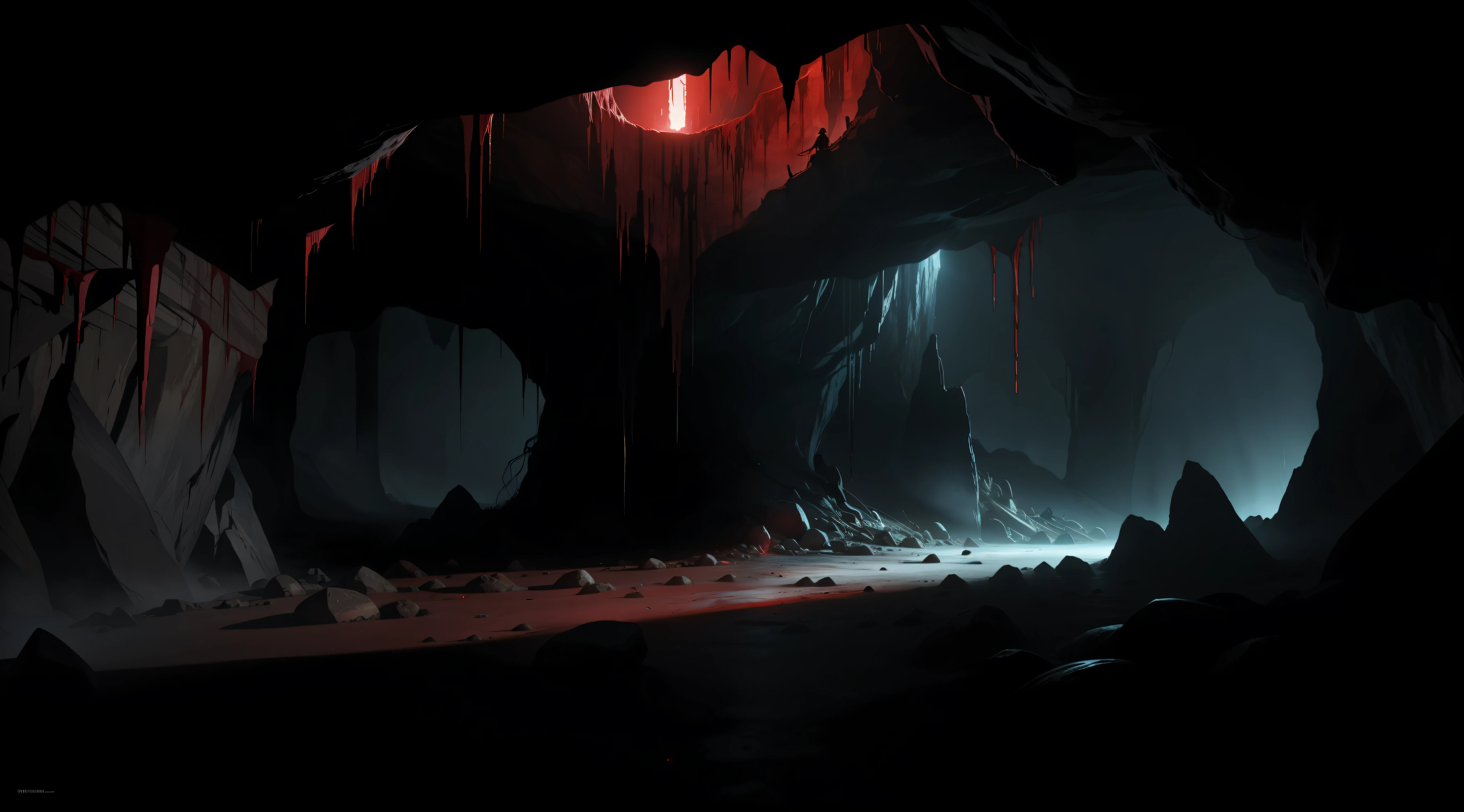a cave full of blood and dirt, night, dark environment, darkness, fog, blood