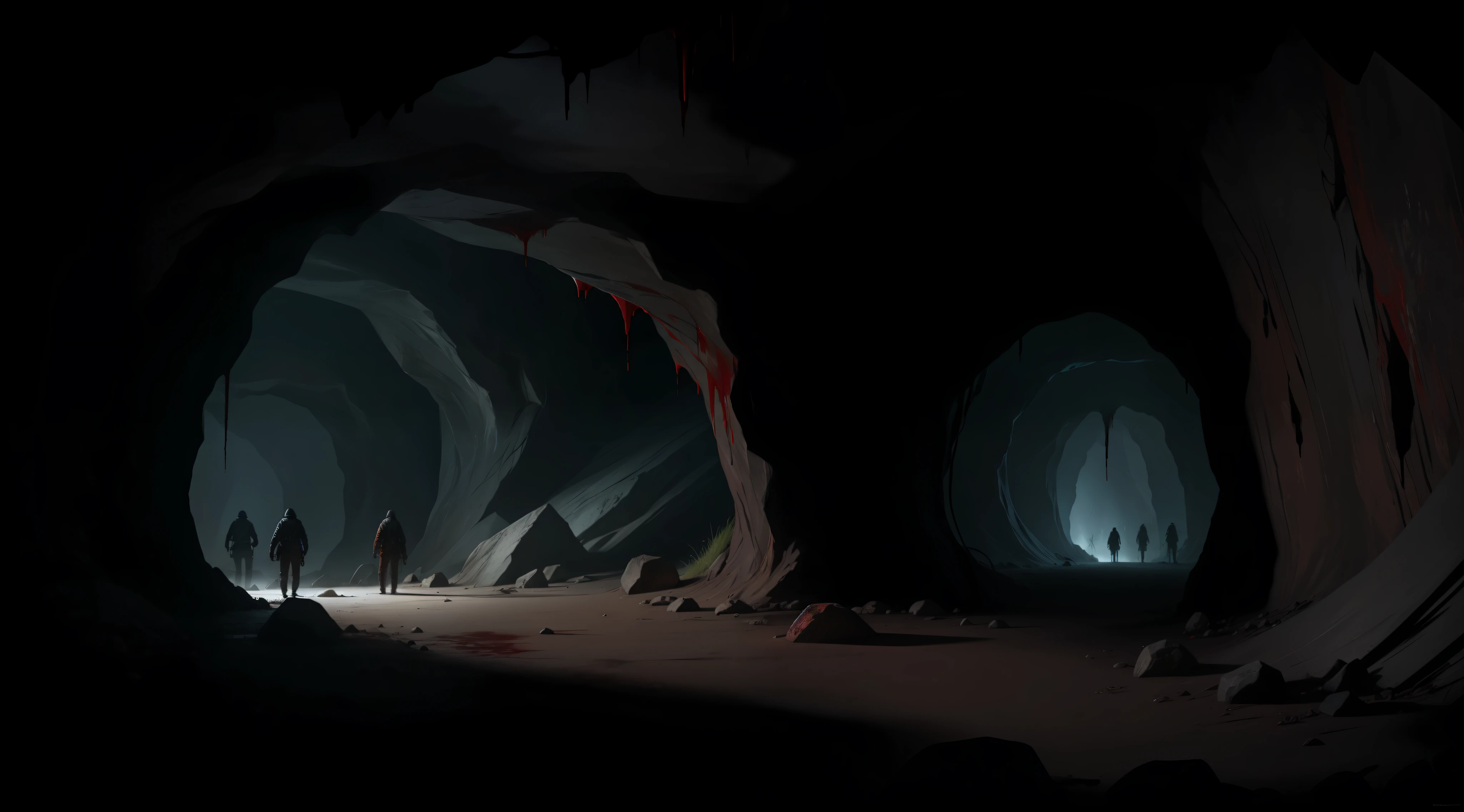 a cave full of blood and dirt, night, dark environment, darkness, fog, blood