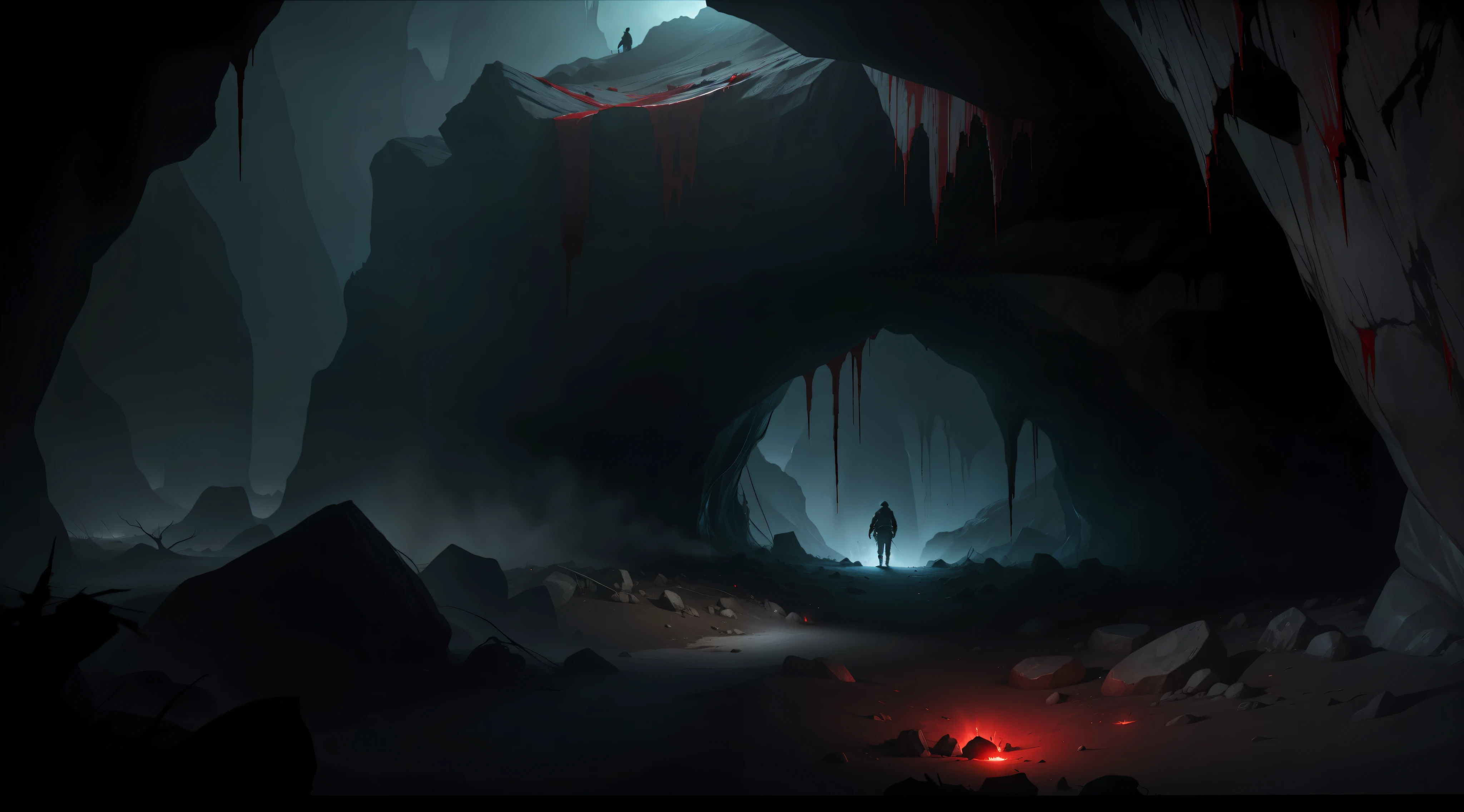 a cave full of blood and dirt, night, dark environment, darkness, fog, blood