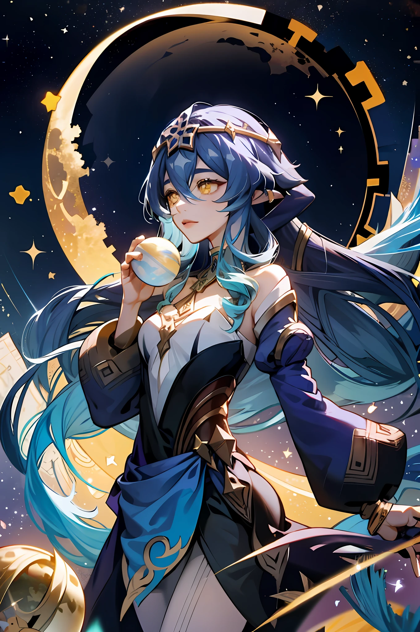 layla, yellow eyes, very long blue hair, genshin impact, stars and moon and comets, night sky observatory, crystal ball, golden details, gears, map of the star sky