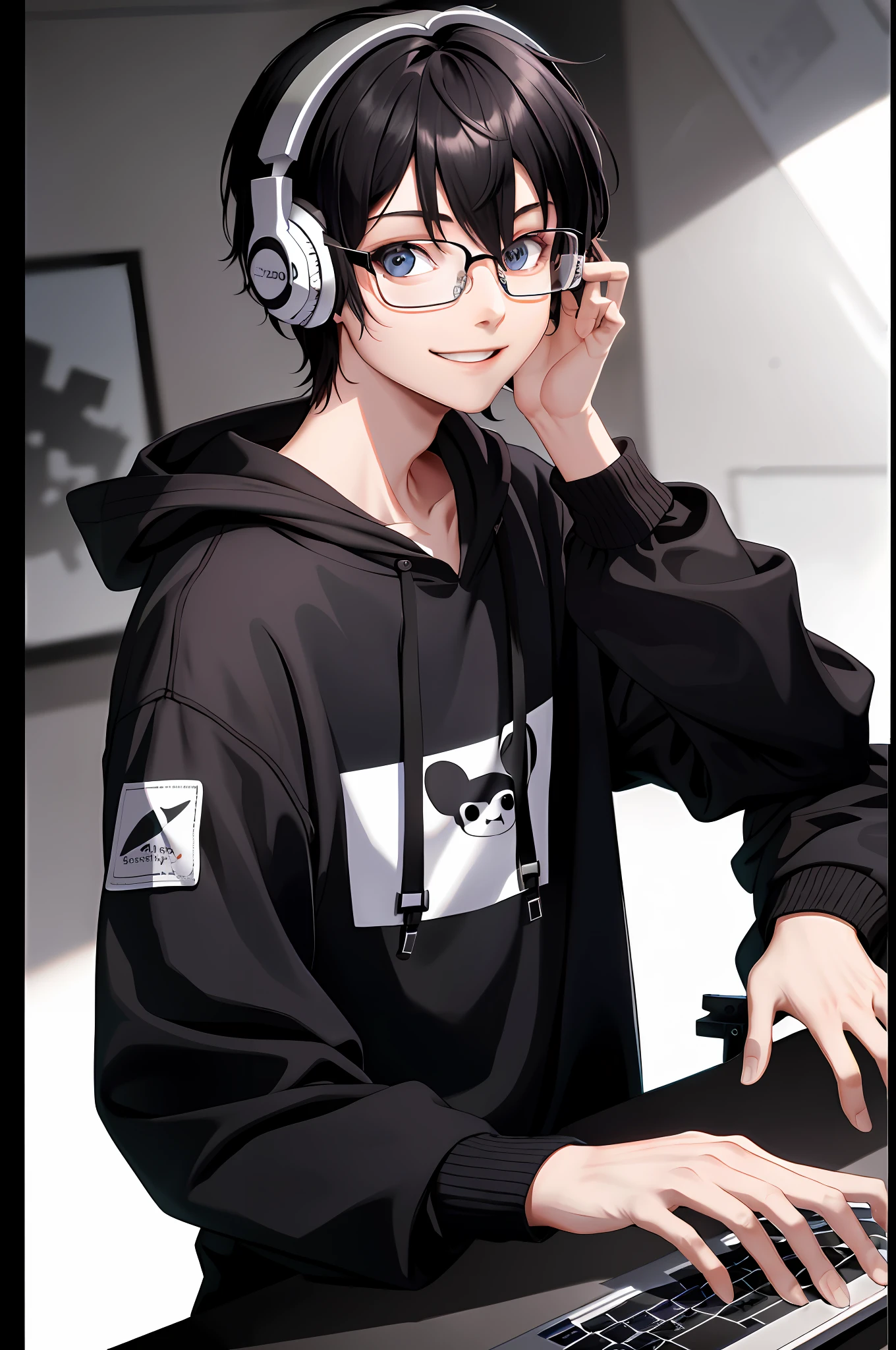 Absurdity, top quality, (1 boy: 0.5), (1 girl: 0.25), solo, androgynous, from the side, loose clothes, looking at the viewer, docile face, smiling: 1.2, gaming headset, square black-rimmed glasses,