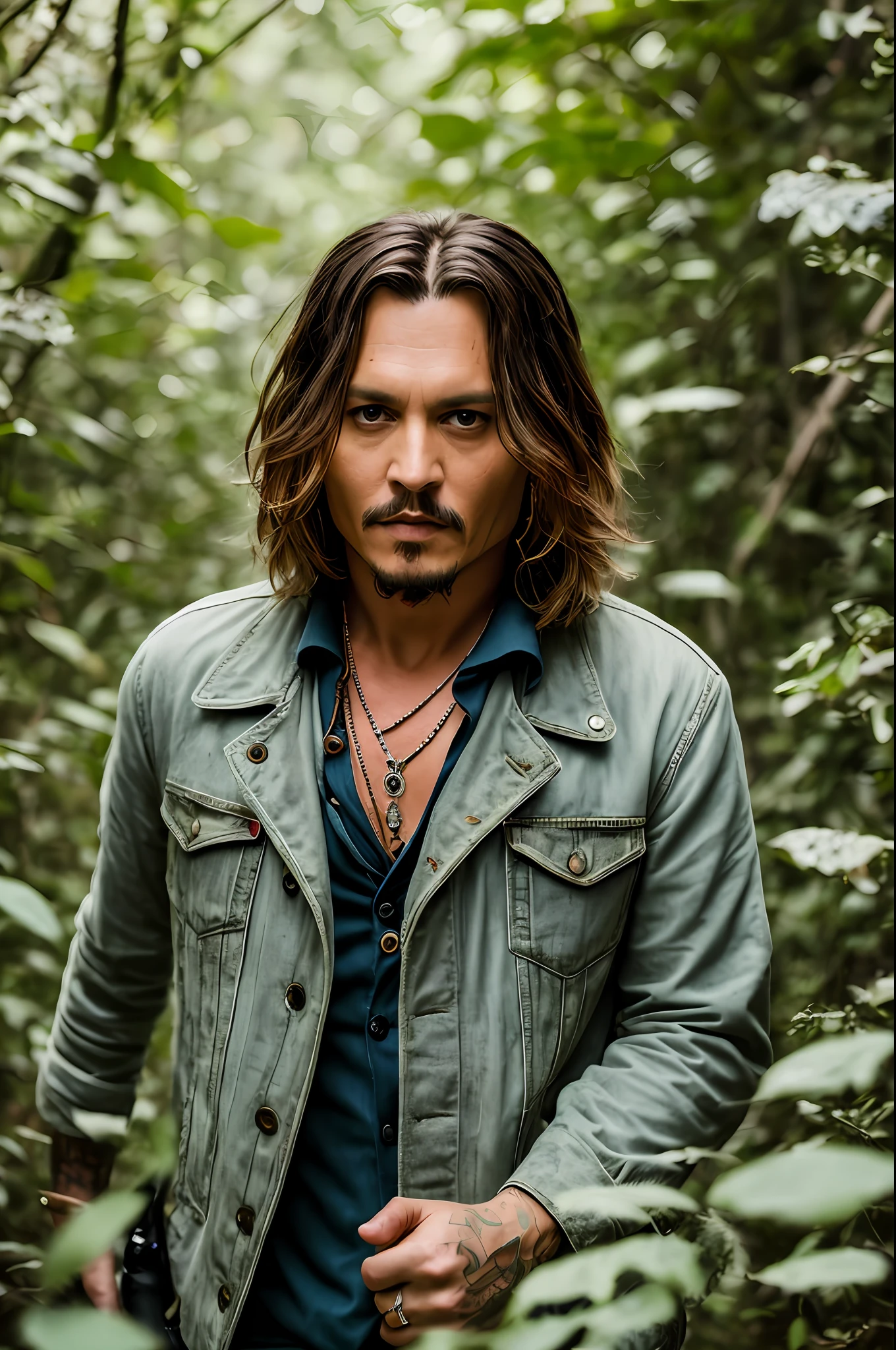 Masterpiece, Johnny Depp Walks Through the Jungle (Night of Fireflies), (High Detail: 1 1), Rough Face, Natural Skin, High Quality, NSFW, Beautiful Eyes, (Detailed Face and Eyes), (Face :1 2), noise, extra, real photo, PSD, light film photography, sharp focus, contrast lighting, detailed skin, high resolution 8k, crazy detail, realistic, professional photography, 8k UHD, DSLR, soft light , high quality, film grain, Fujifilm XT3