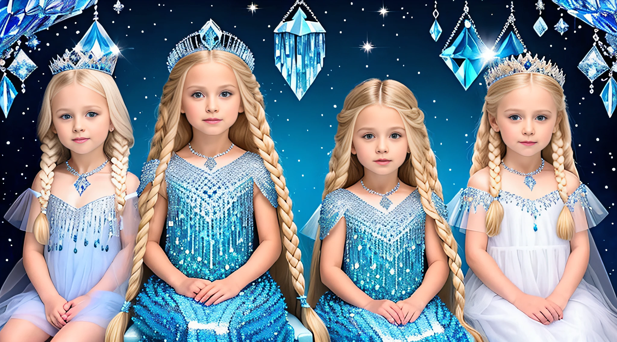 3 Russian children girls with , WITH LONG STRAIGHT HAIR with blonde braids, PORTRAIT STYLE. Arfed image of a cluster of crystals on a blue background, blue crystals, crystals, beautiful crystals, crystals illuminate the scene, bright, crystallized crystals, crystal fragments, exploding blue crystal, crystals and diamonds, crystal material, encrusted crystal, shimmering crystals, crystalline!!, magic crystals, with crystals on the walls, on a throne of crystals