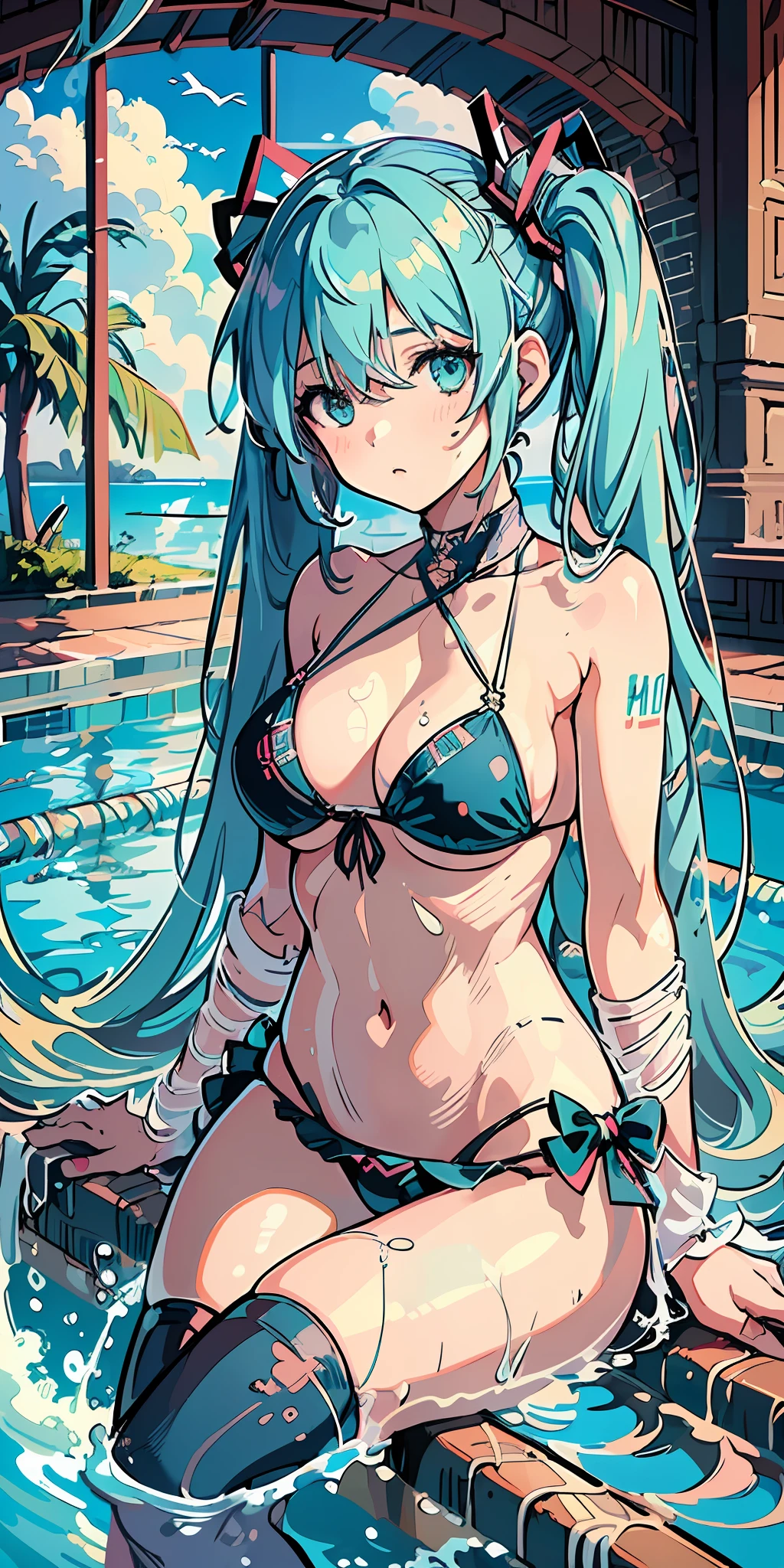 ((masterpiece)), (((best quality))), ((ultra-detailed)), ((illustration)), ((disheveled hair)), (1 girl), (solo), dynamic angle, thighhighs, beautiful detailed sky, on beautiful detailed water, (((swim pool))),beautiful detailed eyes, hairs between eyes (((medium breast))), (((arms behind))),(((string bikini))), {{{miku}}} ,twintails, (((miku))), indigo hair