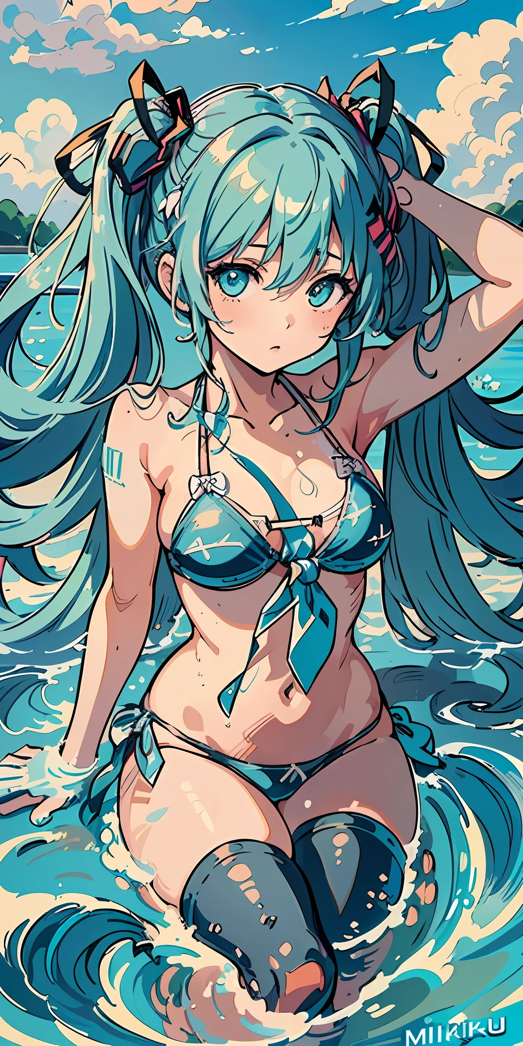 ((masterpiece)), (((best quality))), ((ultra-detailed)), ((illustration)), ((disheveled hair)), (1 girl), (solo), dynamic angle, thighhighs, beautiful detailed sky, on beautiful detailed water, (((swim pool))),beautiful detailed eyes, hairs between eyes (((medium breast))), (((arms behind))),(((string bikini))), {{{miku}}} ,twintails, (((miku))), indigo hair