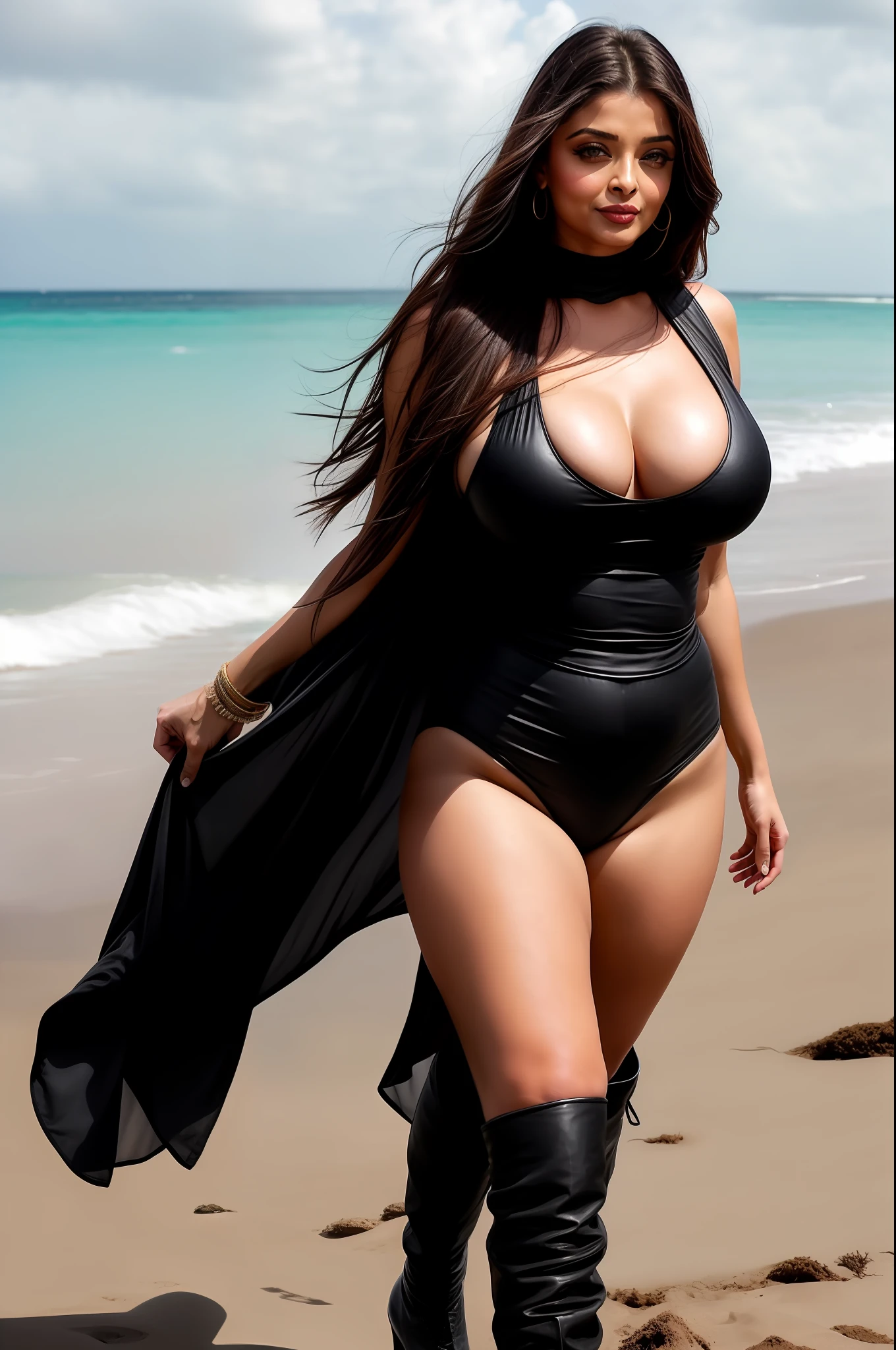 Day scene, full body Aishwarya rai, black leather pants, black tank top, knee high boots, catwalk, thick thighs, sand beach, hourglass figure, big breasts, breasts popping out, massive cleavage show, nipple slip, seductive face, look at a camera and smile, wet ponytail hair, erotic adult face, 40 yo, soft volumetric lights, intricate details, (ArtStation:1.2)