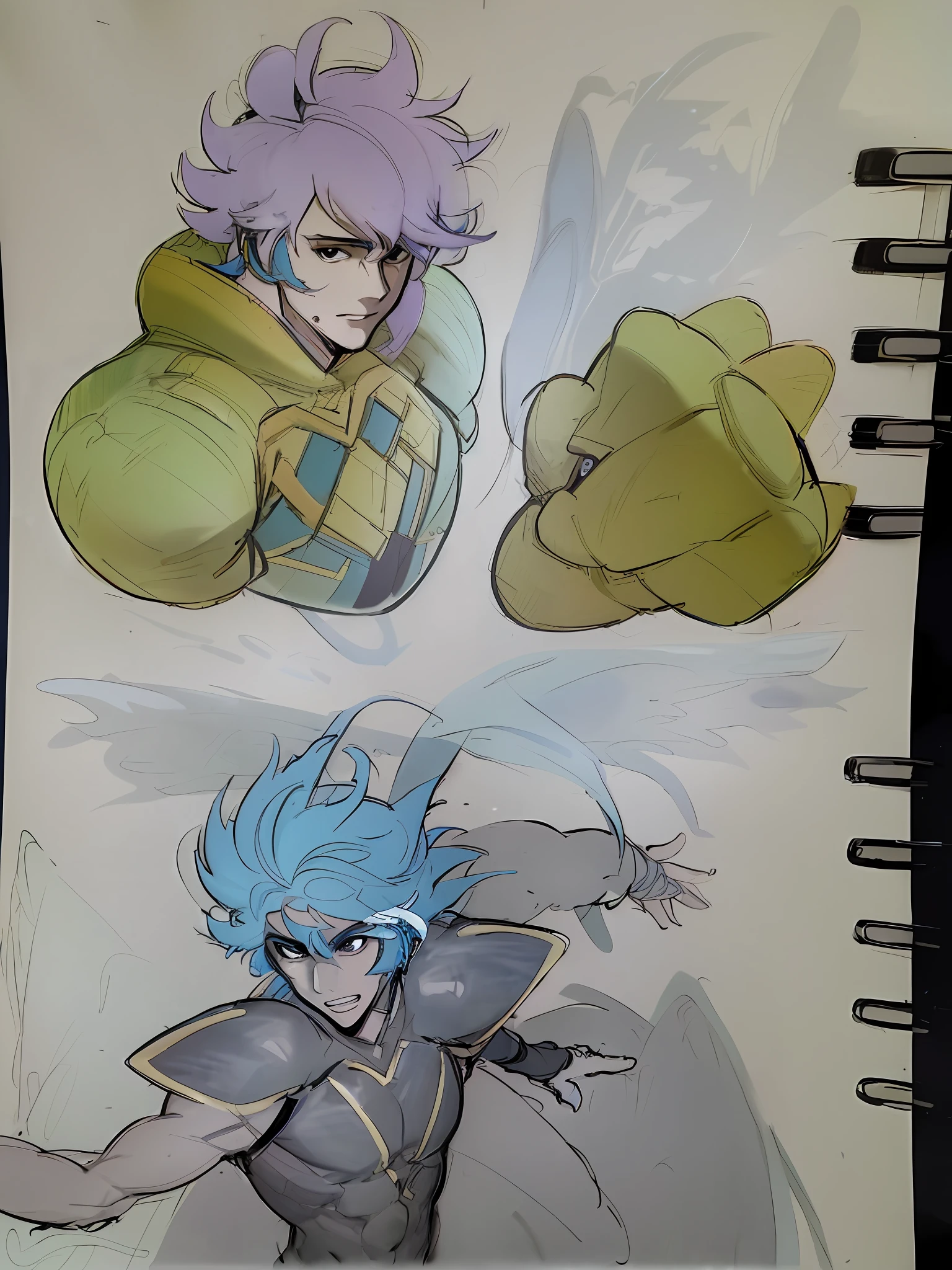 sketches of a drawing of a person with a blue hair, cel shaded anime, in the art style of 8 0 s anime, cel - shaded art style, cel shaded!!!, 8 0 s anime art style, inspired by Zoltan Boros, colored sketch, high quality colored sketch, anime cels, colored drawing, black ink & copic markers, anime illustrated